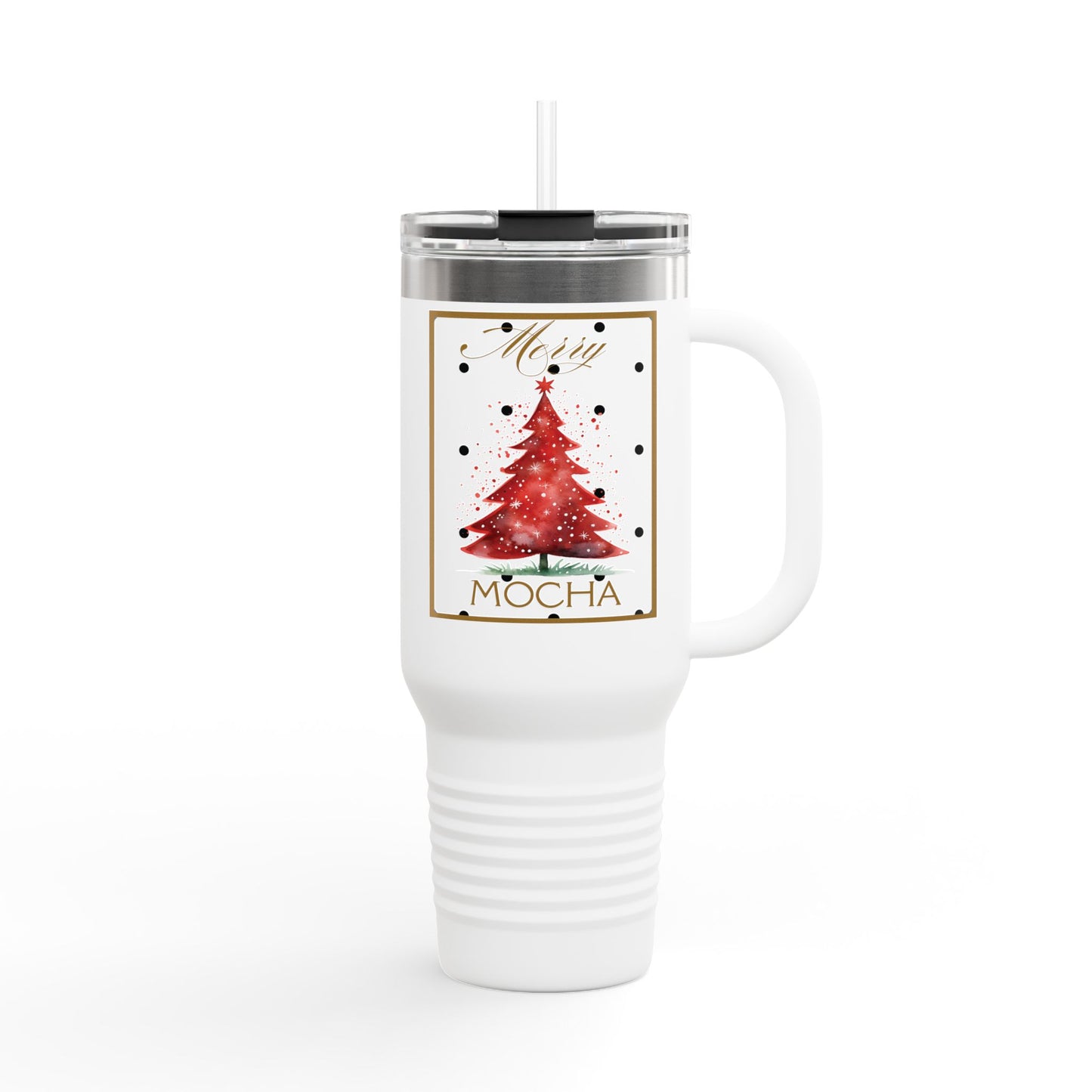 Christmas 40oz Insulated Travel Mug With Handle Double Wall Holiday Hot and Cold Teal Mug Coffee Lover Unique Red Tree Gift