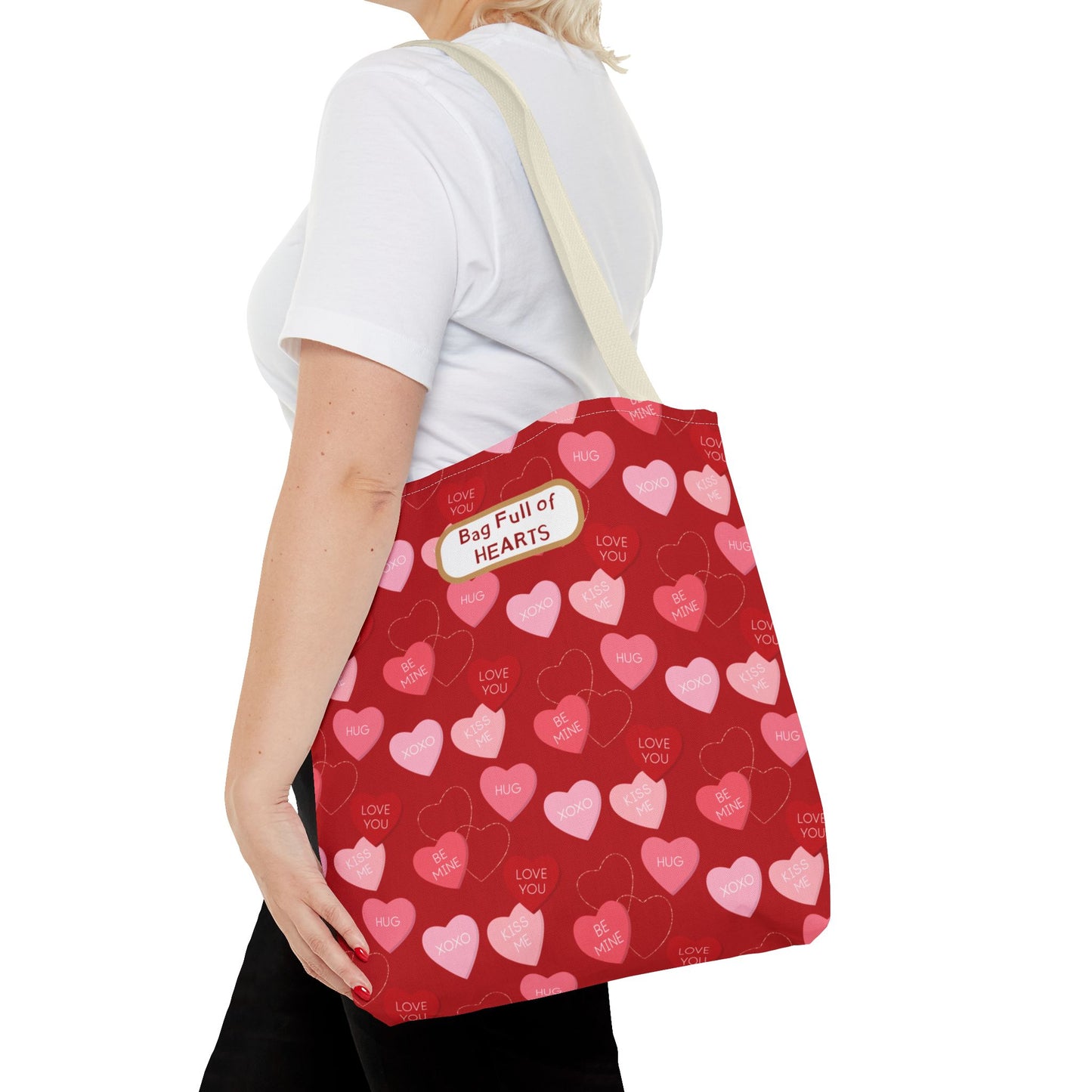 Red Candy Heart Valentine's Tote For Gifting Romantic Reusable Everyday Carry Bag For Women Durable Heart-Filled Shopping Tote Everyday Carryall