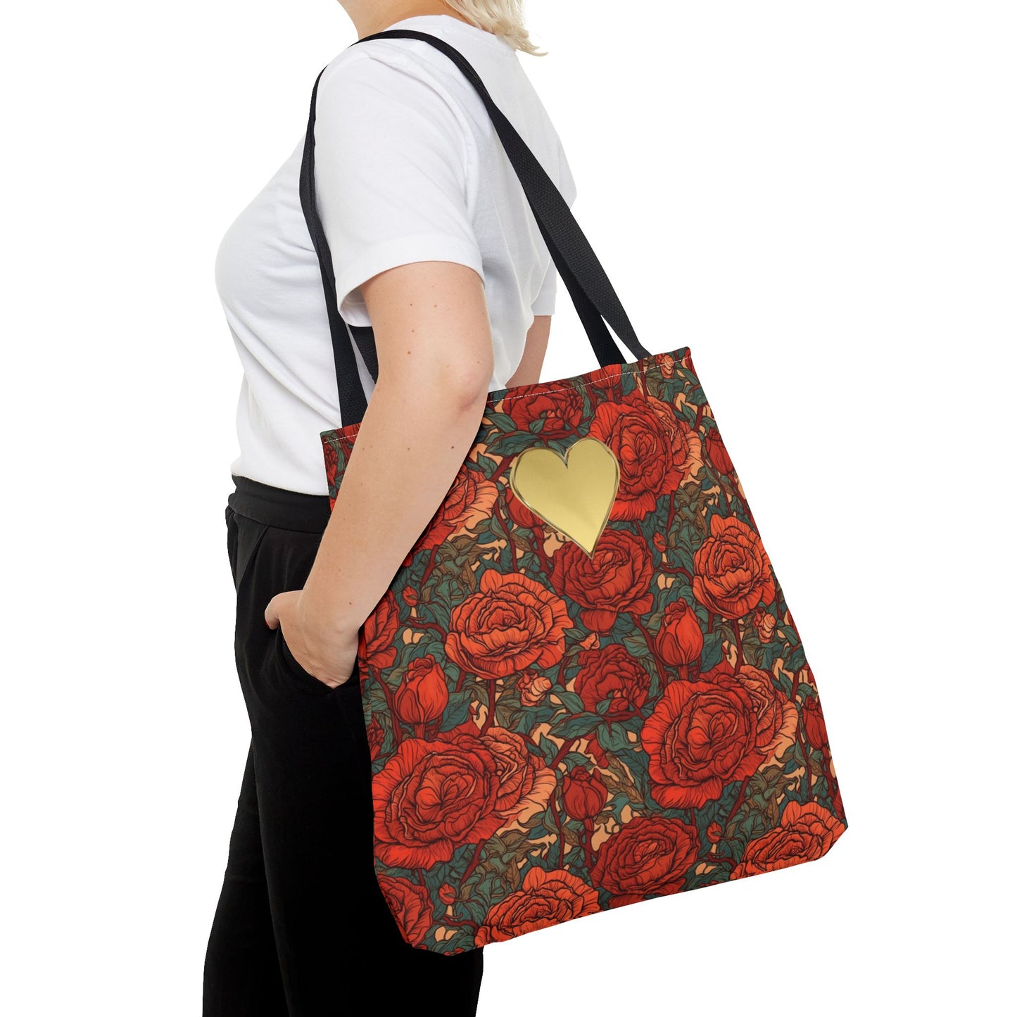 Chic Romantic Tote For Valentine's Day Roses and Hearts Bag Love Themed Gift For Women Gold Heart Embellished Durable Floral Tote Bag