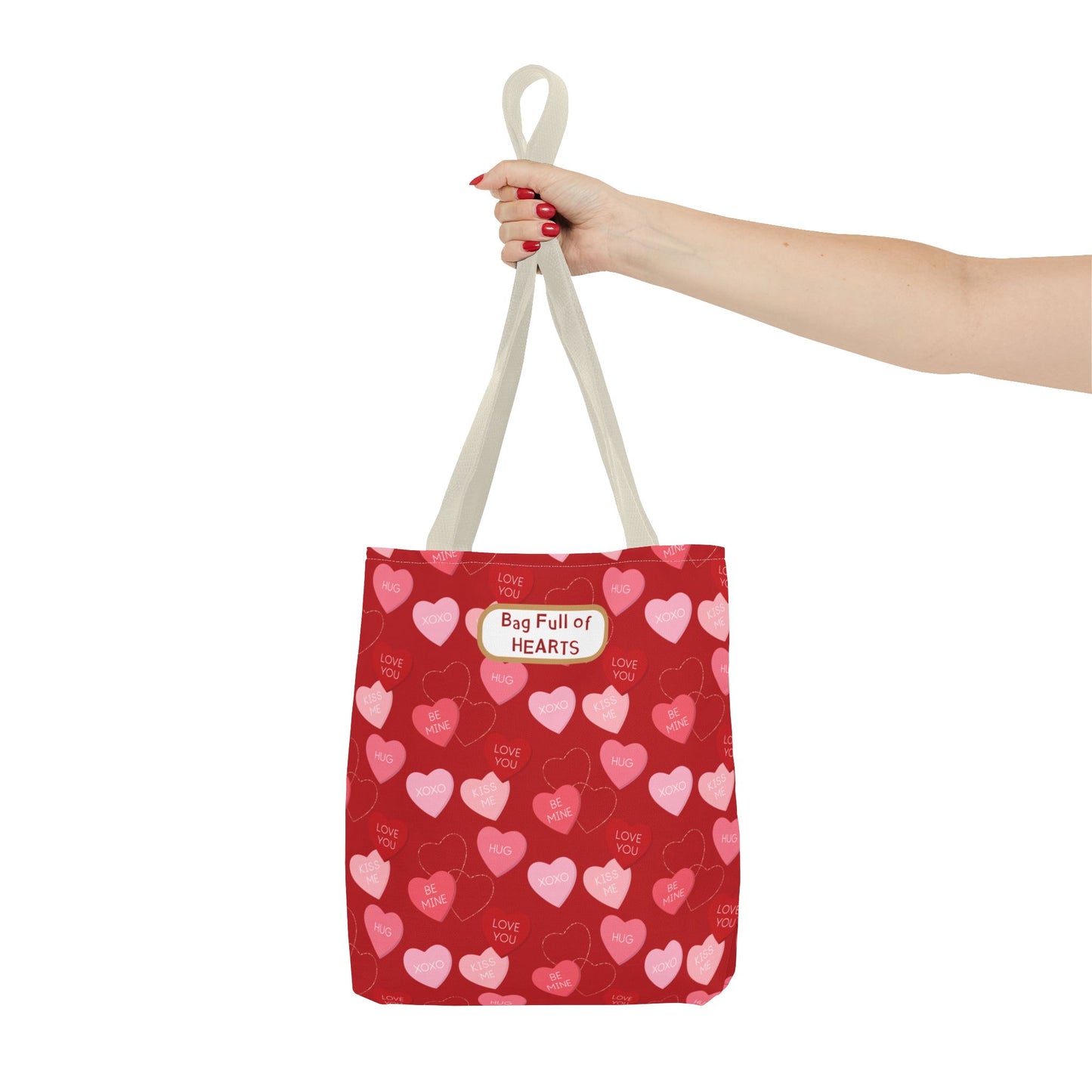 Red Candy Heart Valentine's Tote For Gifting Romantic Reusable Everyday Carry Bag For Women Durable Heart-Filled Shopping Tote Everyday Carryall