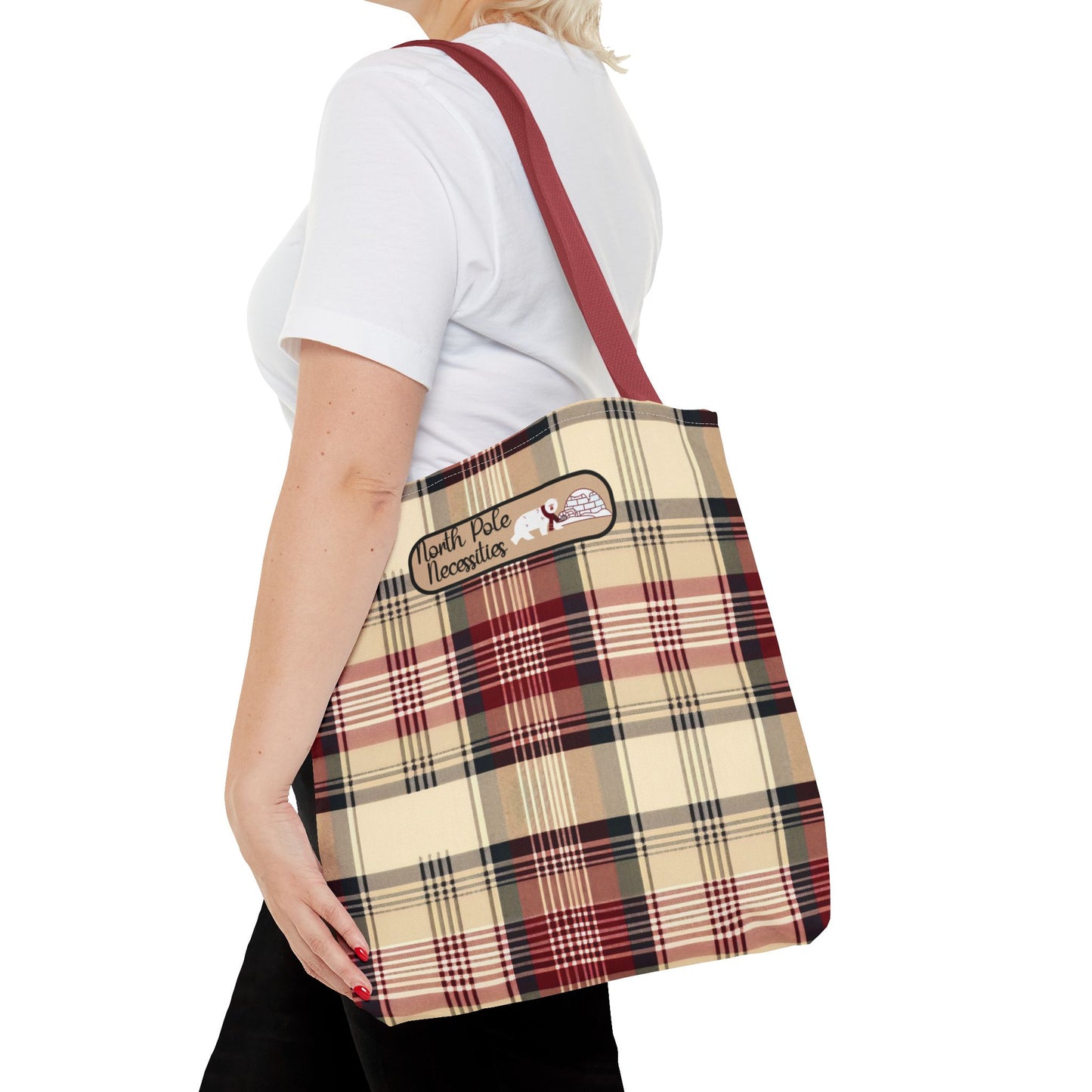 Christmas Fun Polar Bear Tote burgundy Plaid North Pole Necessities Holiday Bag Large Storage Everyday Shopping Tote Seasonal Gift
