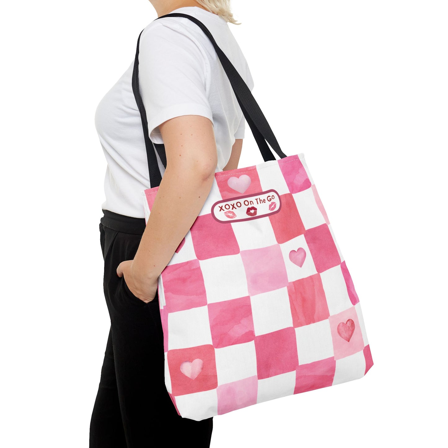 Gen Z Pink and White Checkerboard Bag Love Themed Aesthetic Valentine's Gift Tote For Young Women For Romantic Occasions Trendy Pink Tote