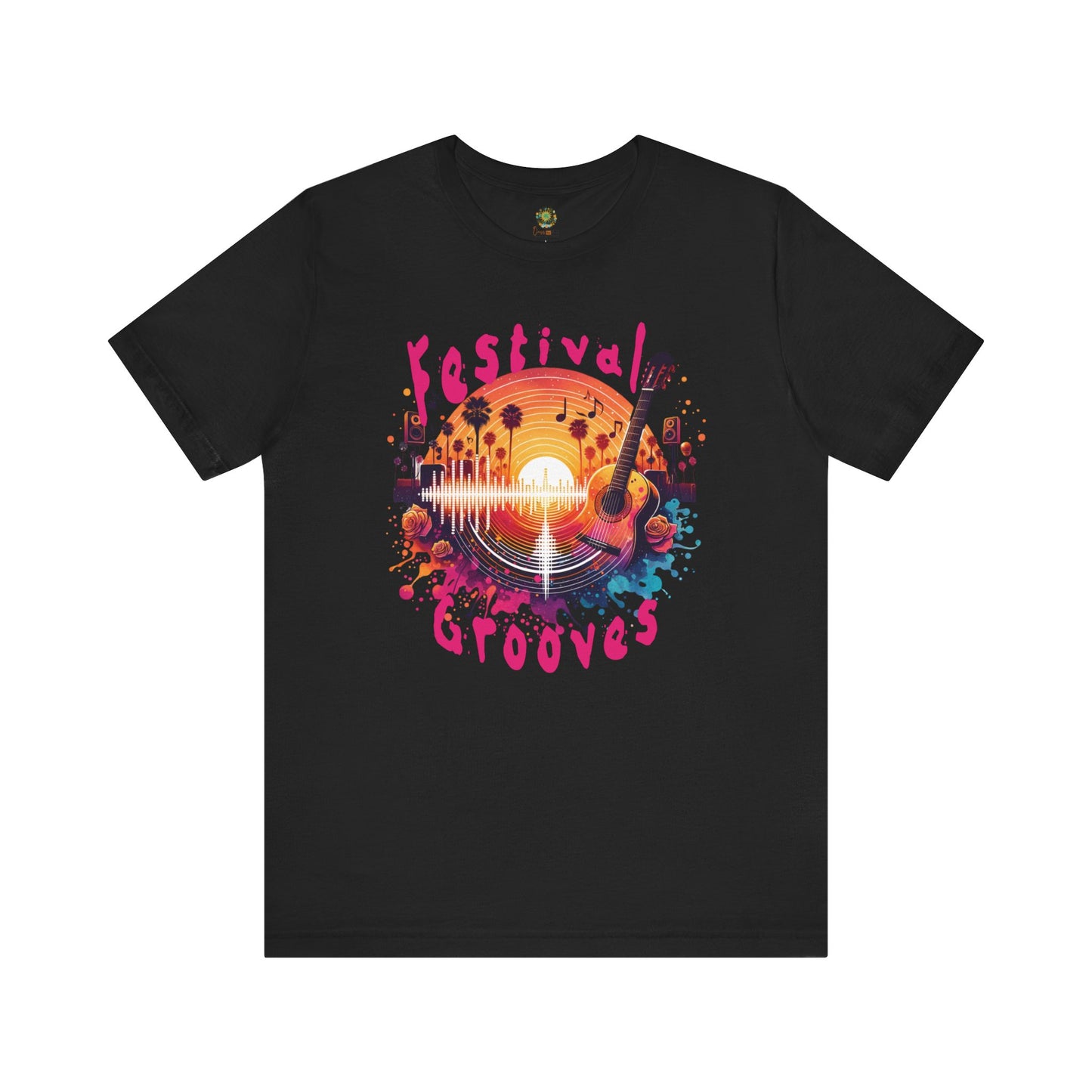 Festival Grooves T-Shirt Artistic Guitar Graphic Tee for Music Festivals Bohemian Desert Vibes Music Lovers