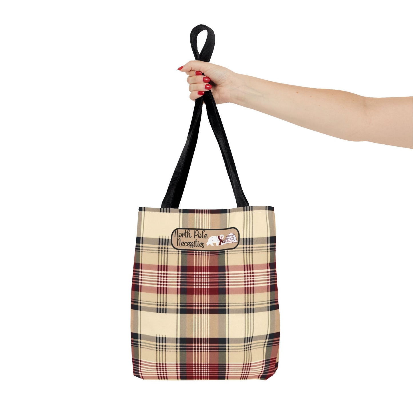 Christmas Fun Polar Bear Tote burgundy Plaid North Pole Necessities Holiday Bag Large Storage Everyday Shopping Tote Seasonal Gift