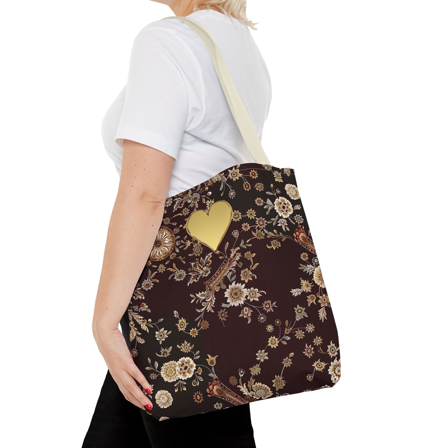 Paisley Romantic Tote For Valentine's Day Work and Office Intricate Floral Tote Bag For Women Gold Heart Embellished Accessory Gift Bag for Her