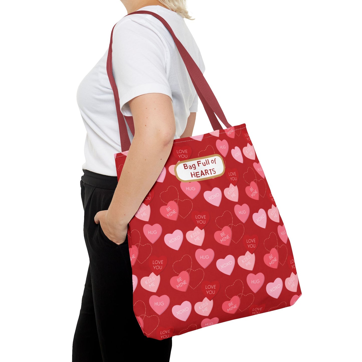 Red Candy Heart Valentine's Tote For Gifting Romantic Reusable Everyday Carry Bag For Women Durable Heart-Filled Shopping Tote Everyday Carryall