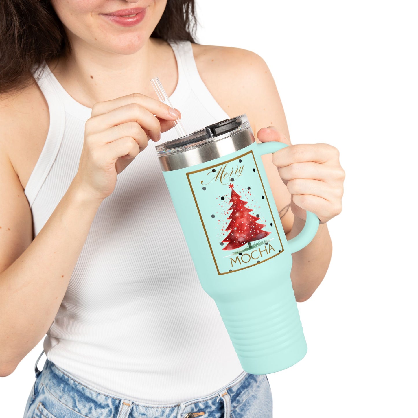 Christmas 40oz Insulated Travel Mug With Handle Double Wall Holiday Hot and Cold Teal Mug Coffee Lover Unique Red Tree Gift