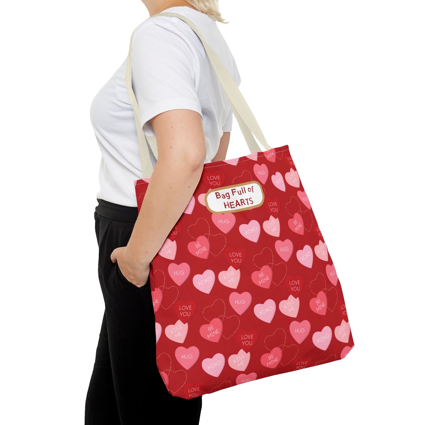 Red Candy Heart Valentine's Tote For Gifting Romantic Reusable Everyday Carry Bag For Women Durable Heart-Filled Shopping Tote Everyday Carryall
