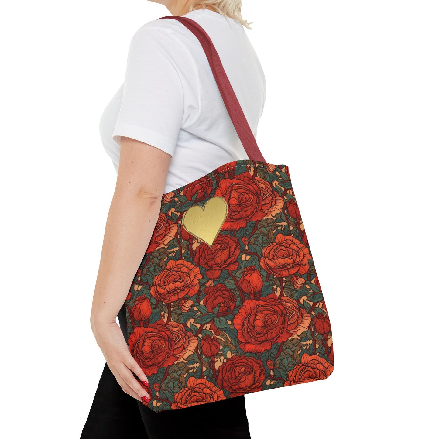 Chic Romantic Tote For Valentine's Day Roses and Hearts Bag Love Themed Gift For Women Gold Heart Embellished Durable Floral Tote Bag
