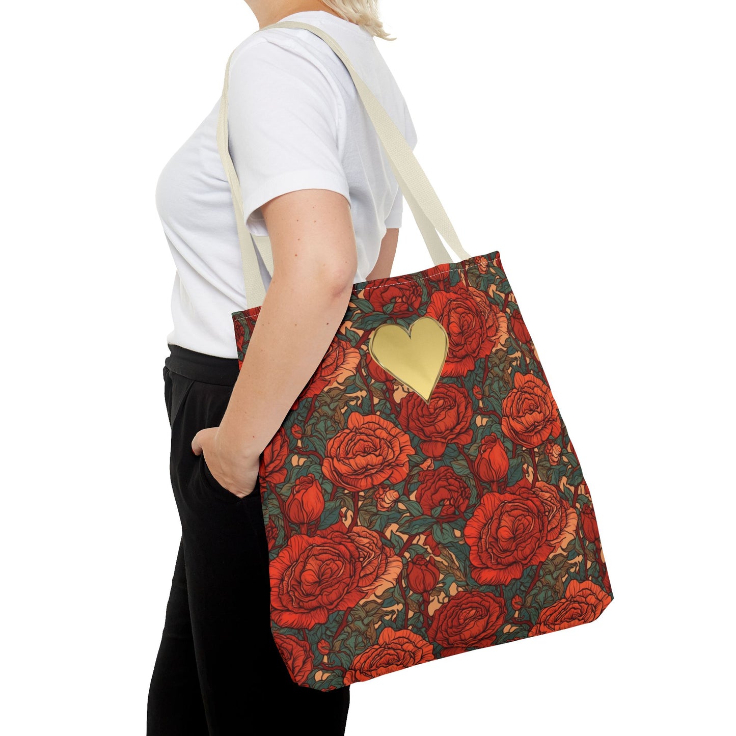 Chic Romantic Tote For Valentine's Day Roses and Hearts Bag Love Themed Gift For Women Gold Heart Embellished Durable Floral Tote Bag