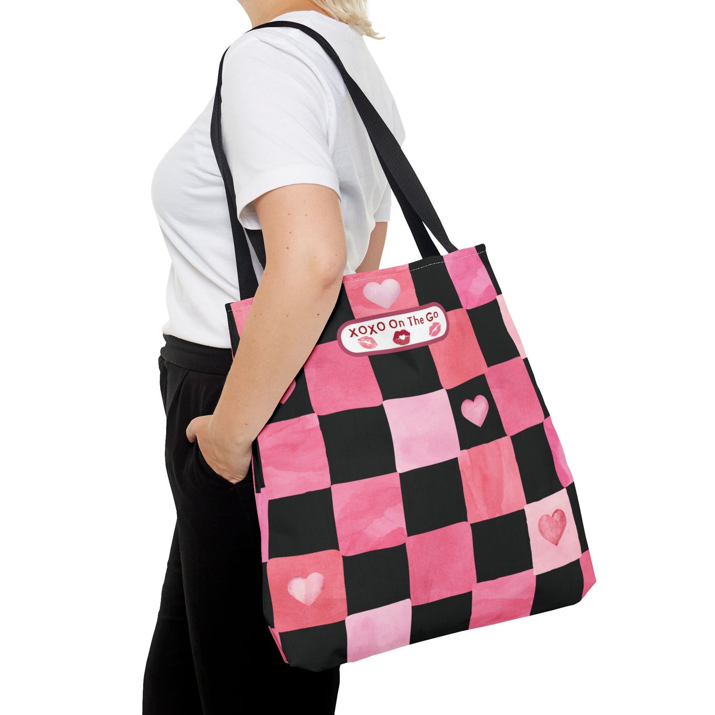 Gen Z Pink and Black Checkerboard Bag For Romantic Occasions Trendy Pink Love Themed Tote Aesthetic Valentine's Gift Bag For Young Women