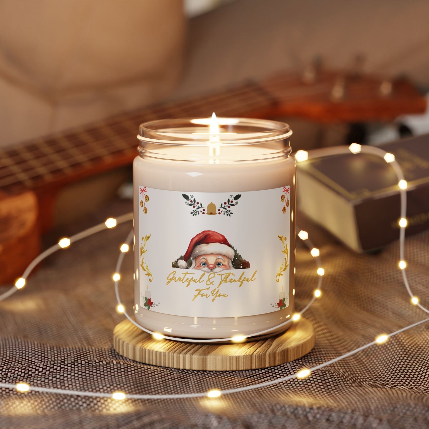 Christmas Gift Candle Peeking Santa Cozy Holiday Bells Winter Fun Candle Scented Soy Hostess Gift Candle