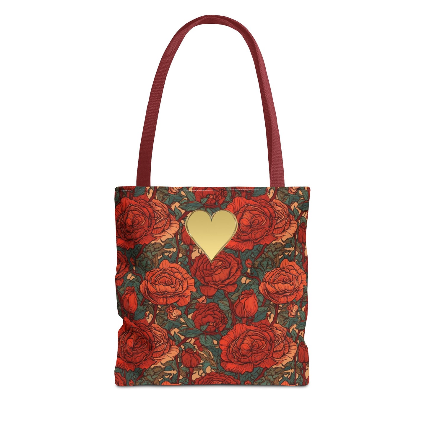 Chic Romantic Tote For Valentine's Day Roses and Hearts Bag Love Themed Gift For Women Gold Heart Embellished Durable Floral Tote Bag