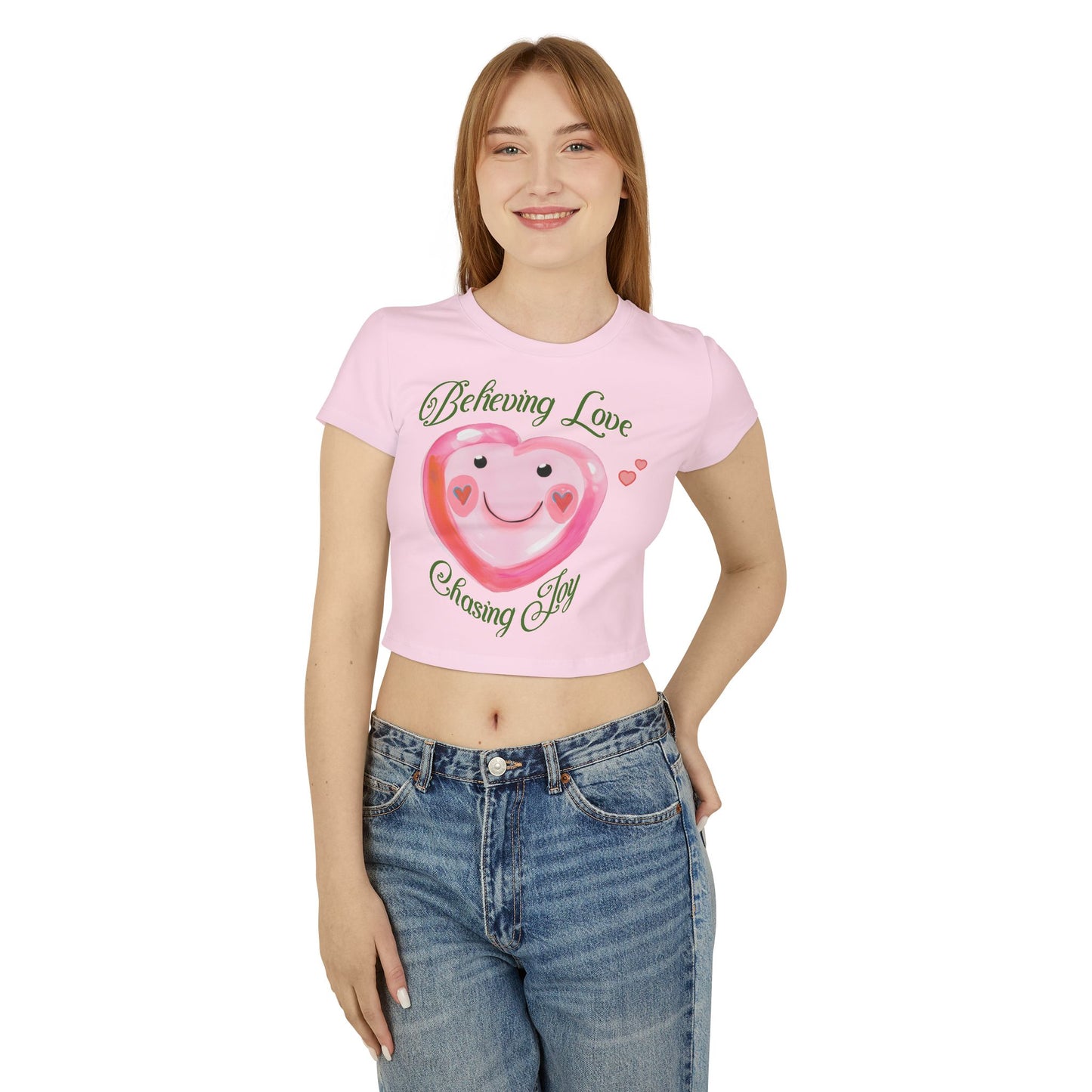 Coquette-Inspired Valentine's Crop Tee Pink and Green Aesthetic Cute Heart-Themed Believing Love Shirt Gift For Her V-Day Fashion