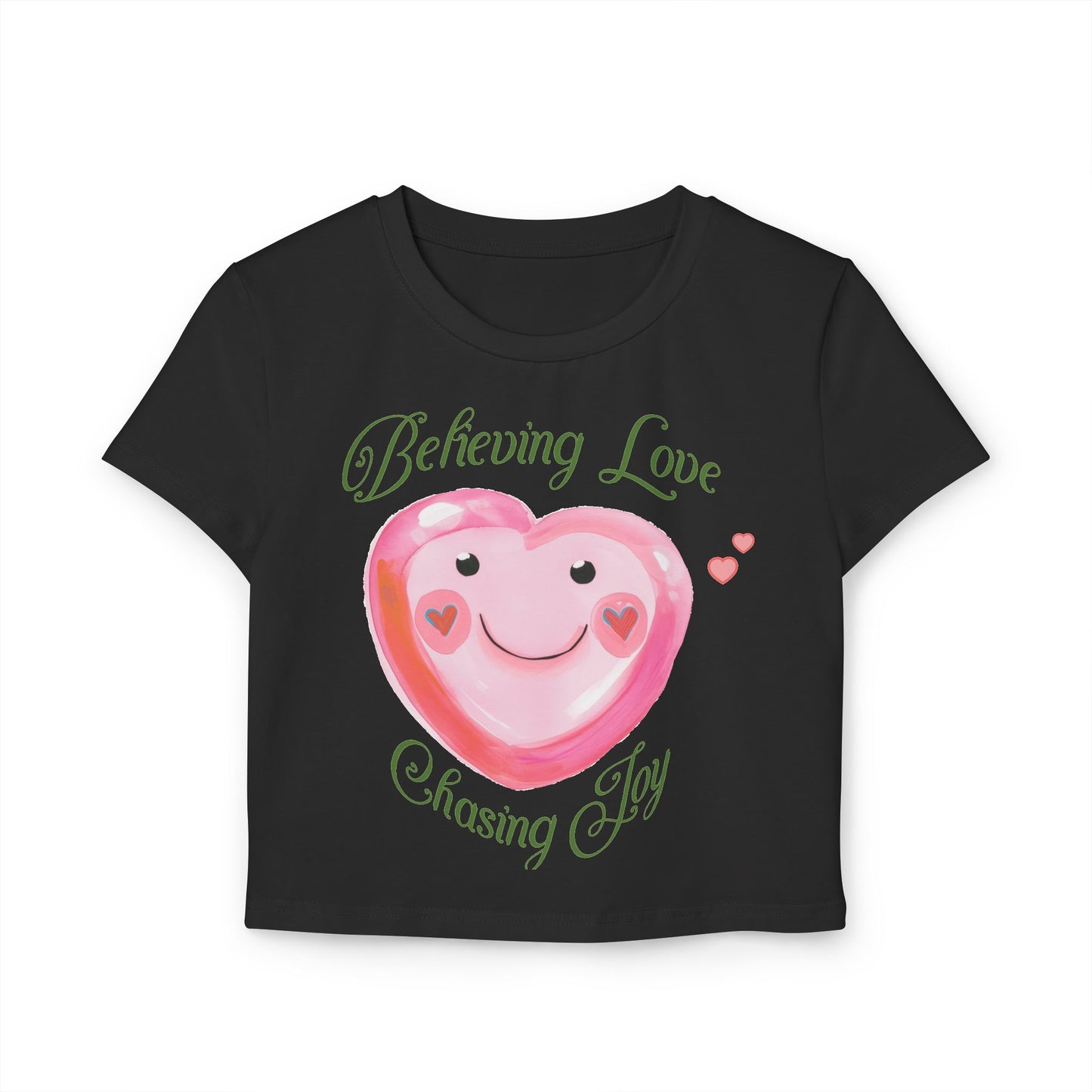 Coquette-Inspired Valentine's Crop Tee Pink and Green Aesthetic Cute Heart-Themed Believing Love Shirt Gift For Her V-Day Fashion