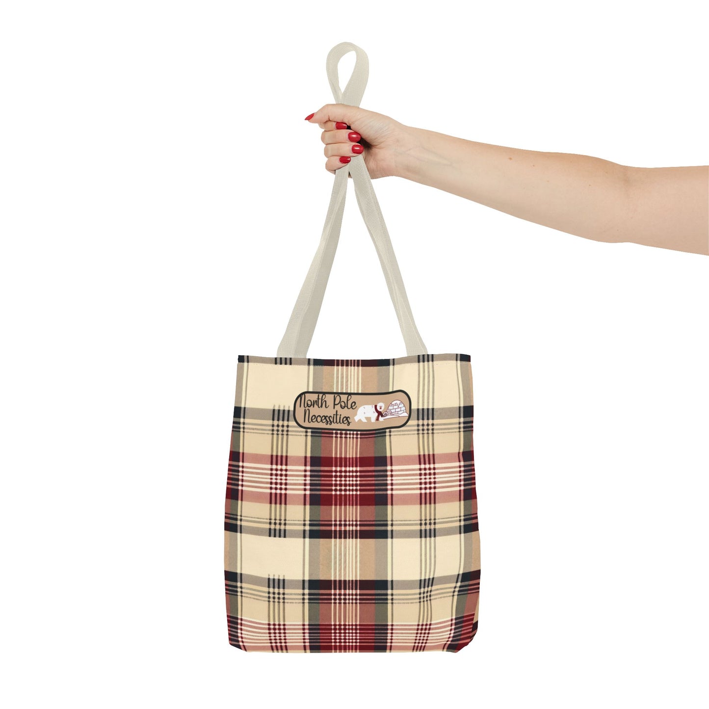 Christmas Fun Polar Bear Tote burgundy Plaid North Pole Necessities Holiday Bag Large Storage Everyday Shopping Tote Seasonal Gift