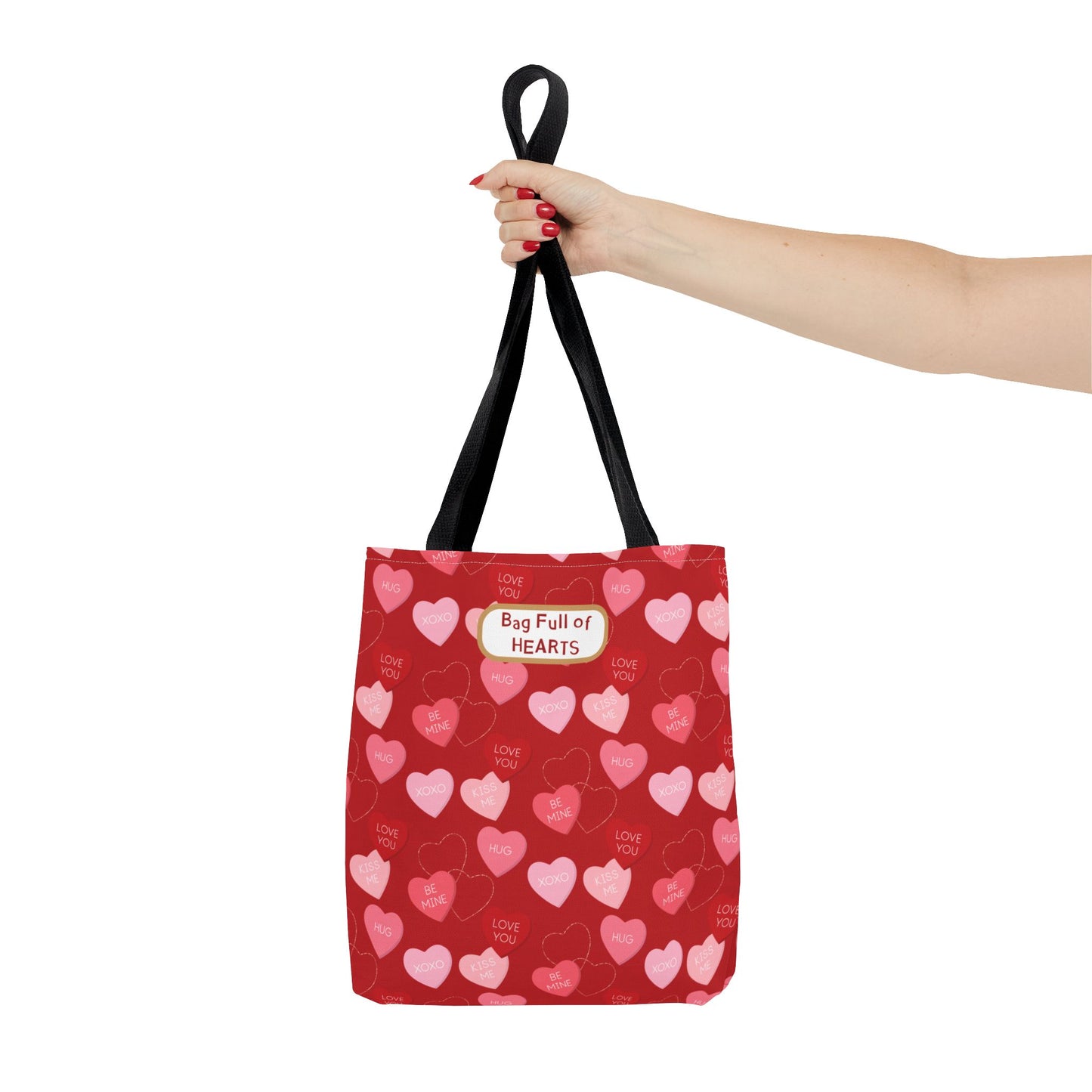 Red Candy Heart Valentine's Tote For Gifting Romantic Reusable Everyday Carry Bag For Women Durable Heart-Filled Shopping Tote Everyday Carryall