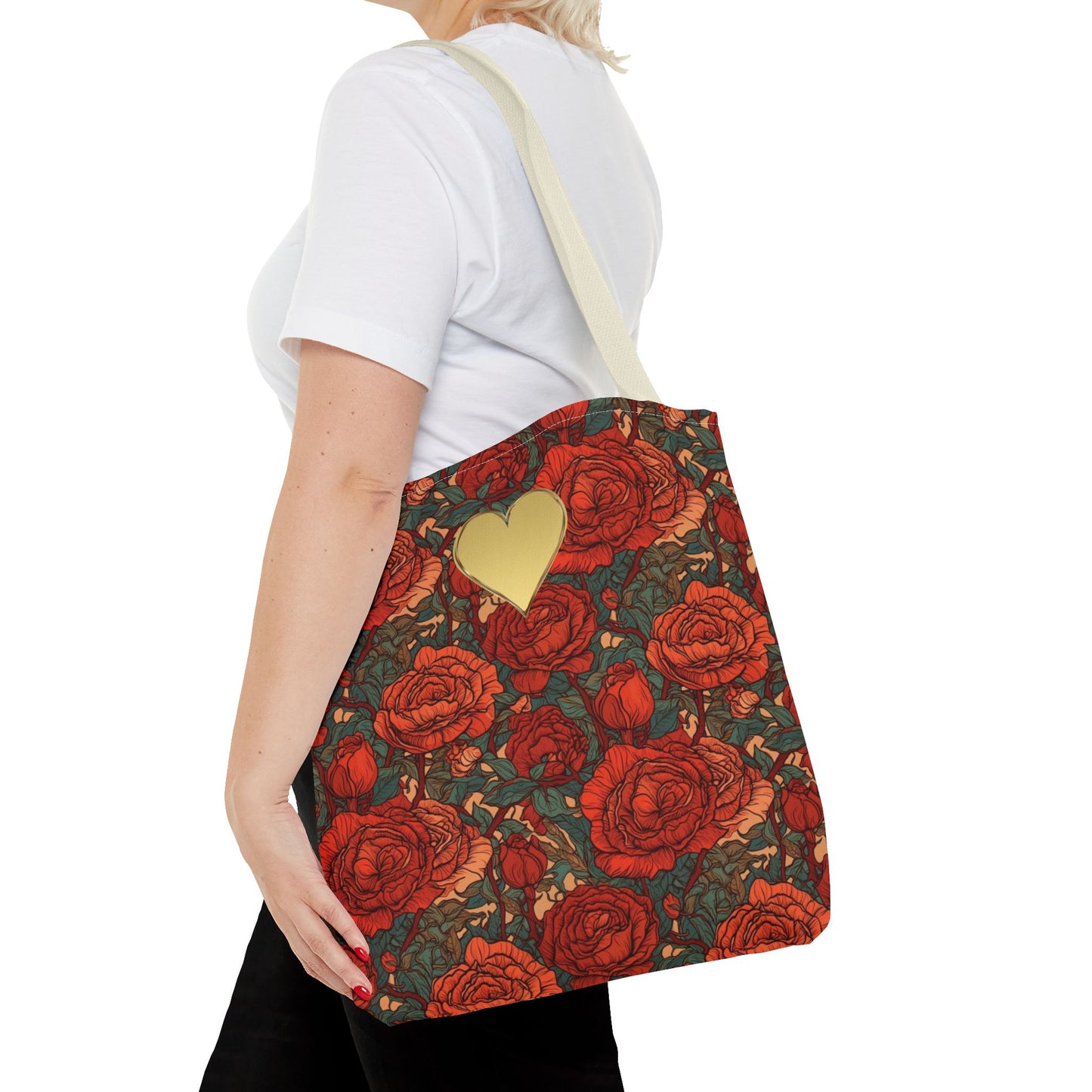 Chic Romantic Tote For Valentine's Day Roses and Hearts Bag Love Themed Gift For Women Gold Heart Embellished Durable Floral Tote Bag