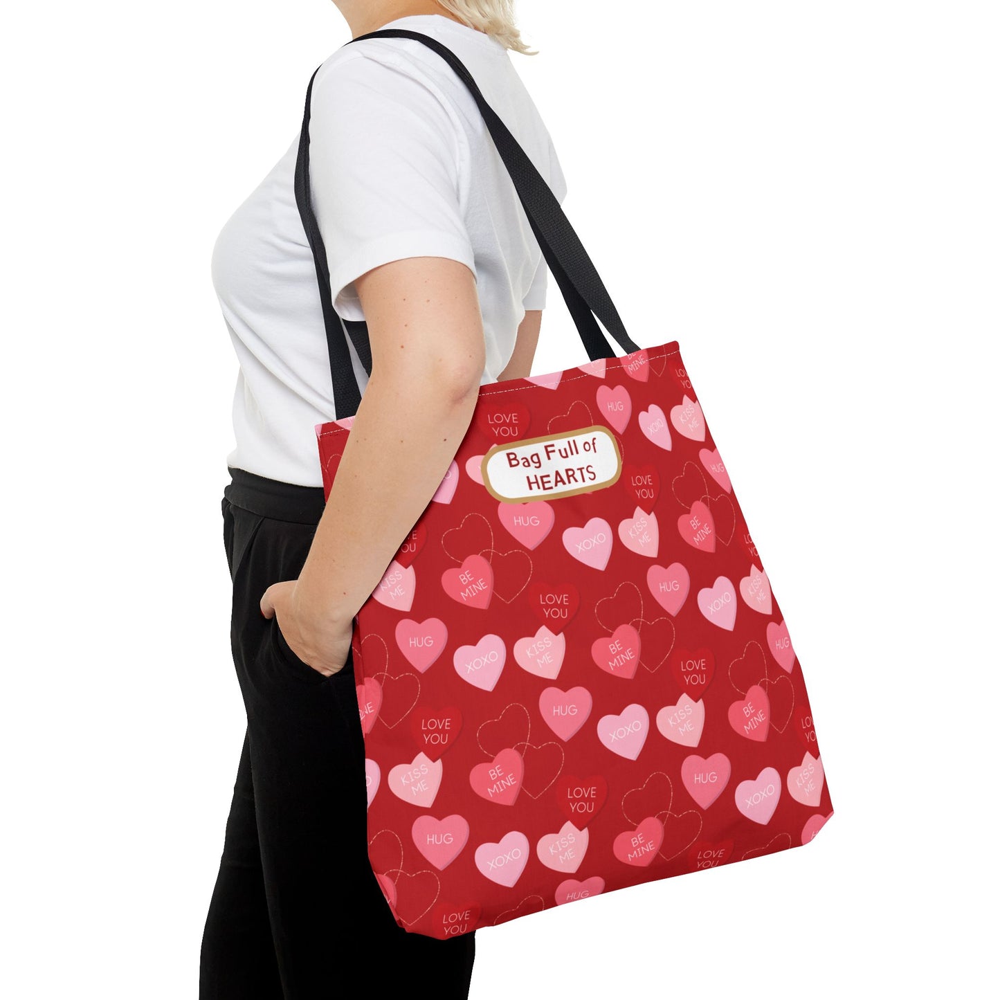 Red Candy Heart Valentine's Tote For Gifting Romantic Reusable Everyday Carry Bag For Women Durable Heart-Filled Shopping Tote Everyday Carryall