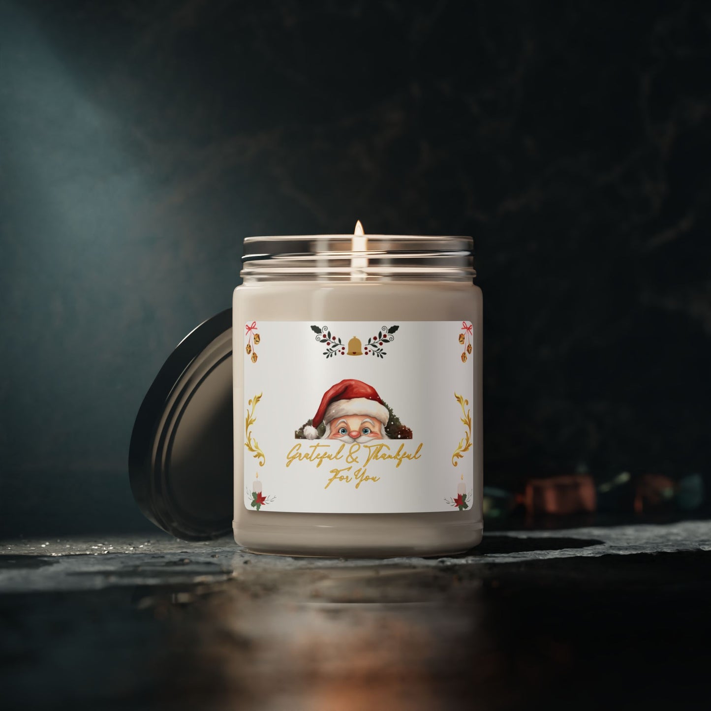 Christmas Gift Candle Peeking Santa Cozy Holiday Bells Winter Fun Candle Scented Soy Hostess Gift Candle