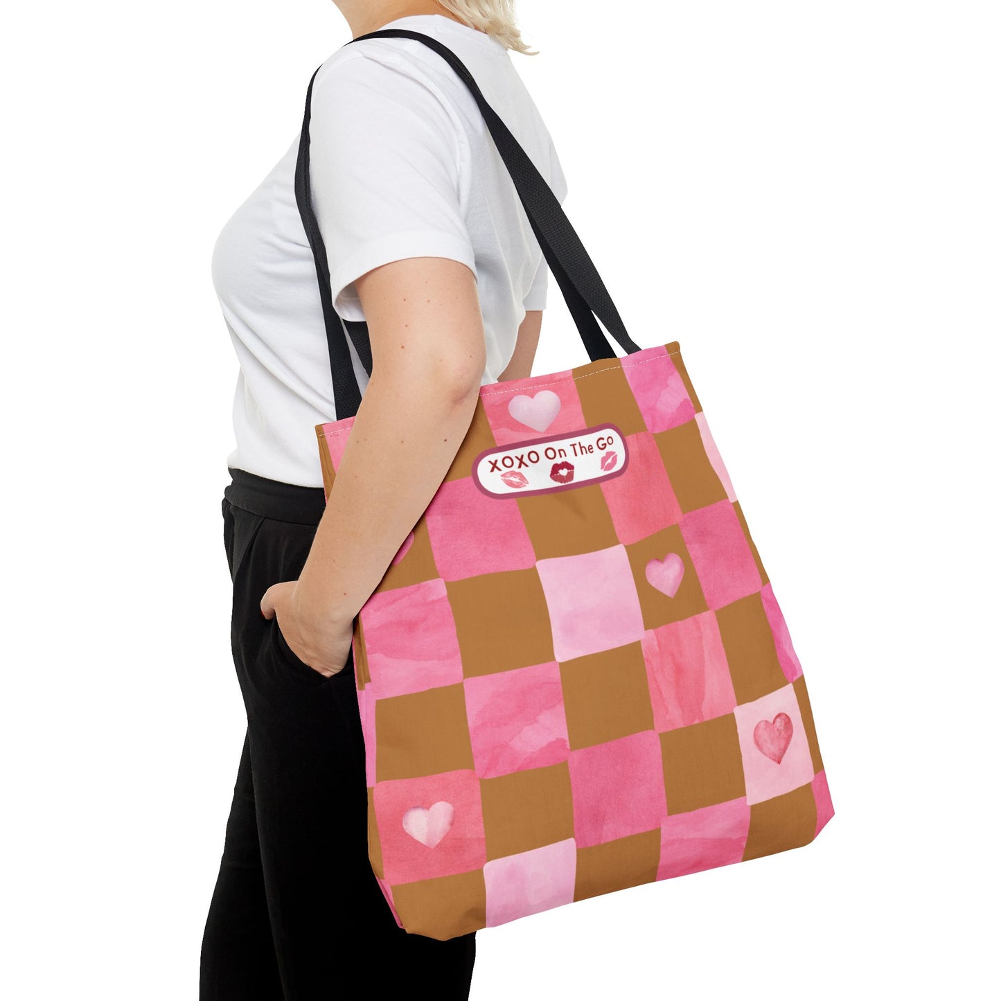 Gen Z Pink and Brown Checkerboard Bag Valentine's Gift For Romantic Occasions Love Themed Aesthetic Trendy Pink Tote For Young Women
