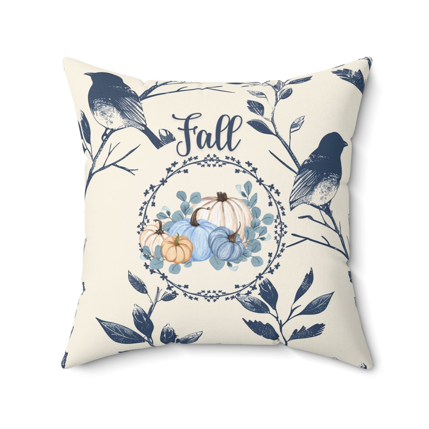 Seasonal Fall Home Decor Pillow Beige and Blue Autumn Floral Accent Pumpkin Themed Double-Sided Throw Cushion Gift For Her