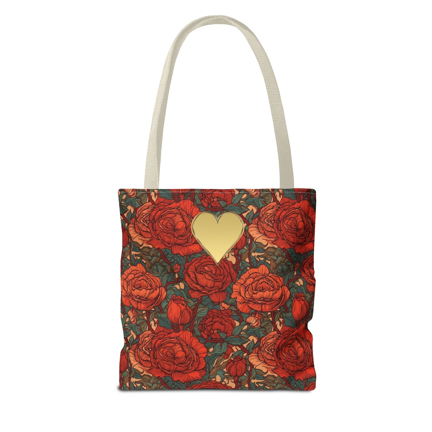 Chic Romantic Tote For Valentine's Day Roses and Hearts Bag Love Themed Gift For Women Gold Heart Embellished Durable Floral Tote Bag