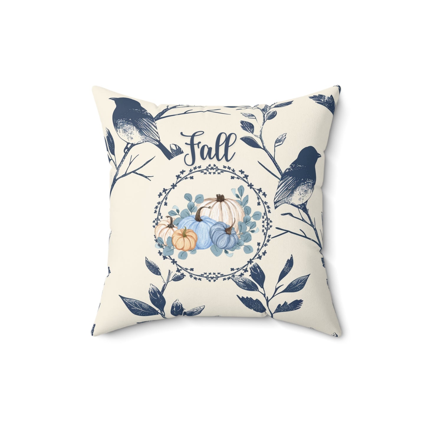 Seasonal Fall Home Decor Pillow Beige and Blue Autumn Floral Accent Pumpkin Themed Double-Sided Throw Cushion Gift For Her