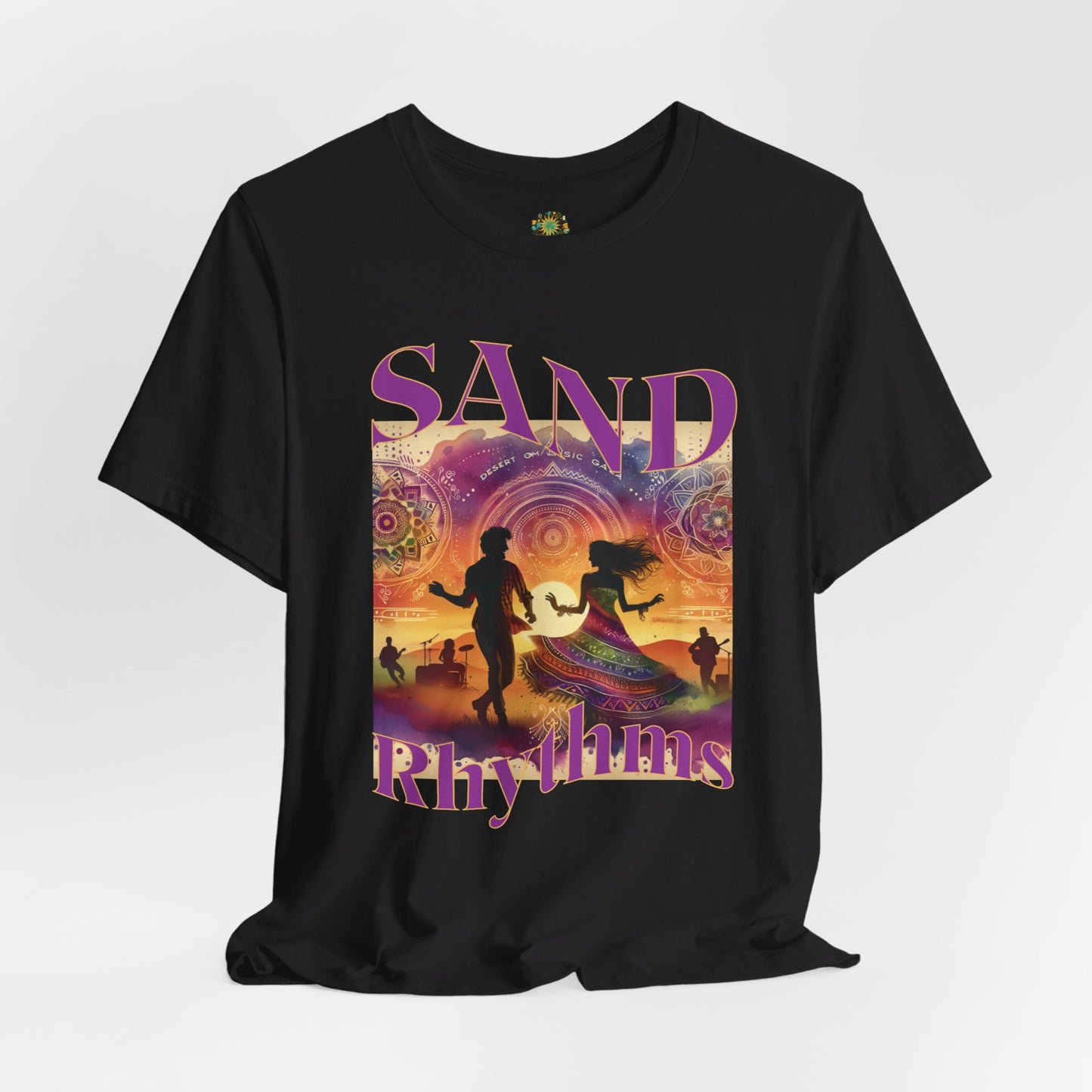 Bohemian Desert Festival T-Shirt Sand Rhythms Music Lovers Tee for Couples, Concerts, Music Festivals, and Boho Style Enthusiasts