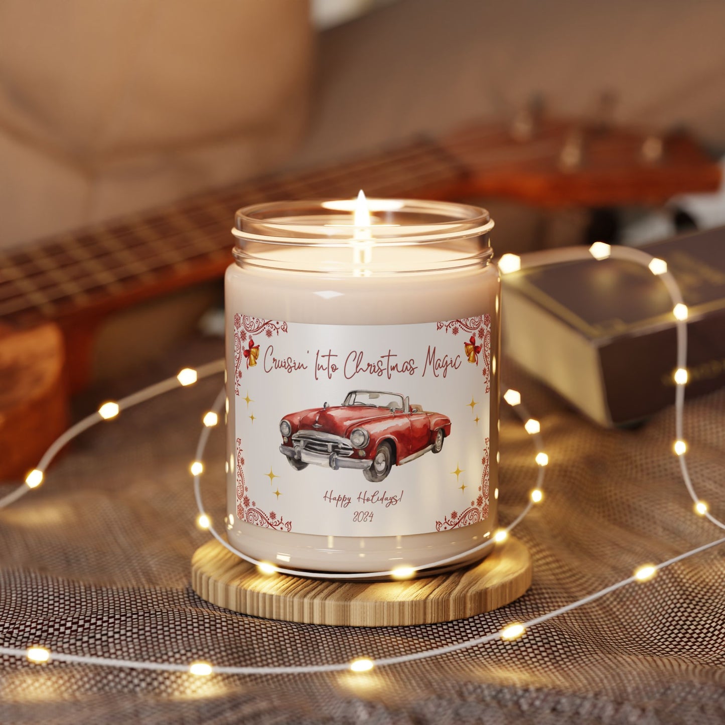 Christmas Red Convertible Festive Holiday Candle With Vintage Bells 2024 retro Holiday Car Theme Candle Gift 9oz Eco-Friendly Car Lover Gift