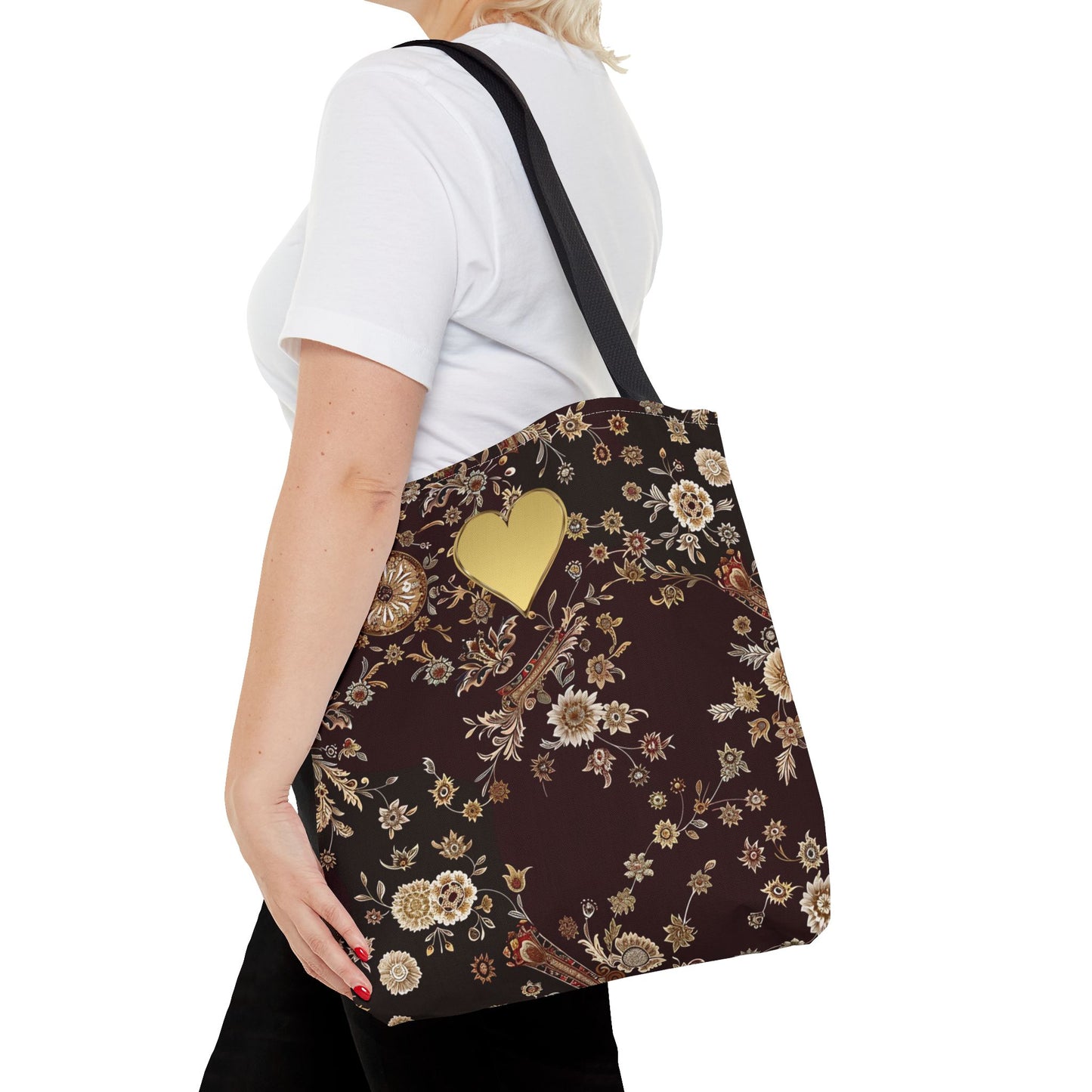 Paisley Romantic Tote For Valentine's Day Work and Office Intricate Floral Tote Bag For Women Gold Heart Embellished Accessory Gift Bag for Her