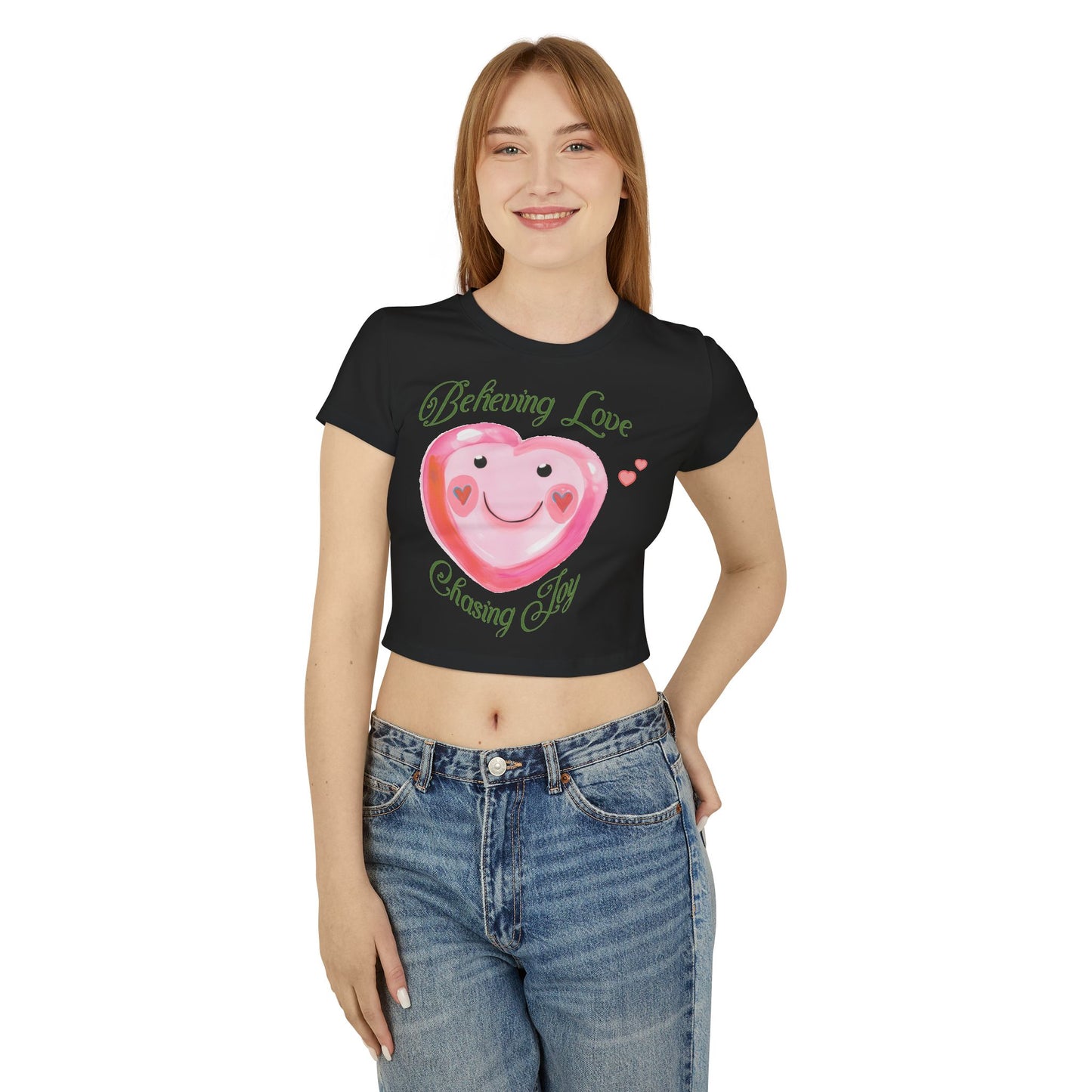 Coquette-Inspired Valentine's Crop Tee Pink and Green Aesthetic Cute Heart-Themed Believing Love Shirt Gift For Her V-Day Fashion