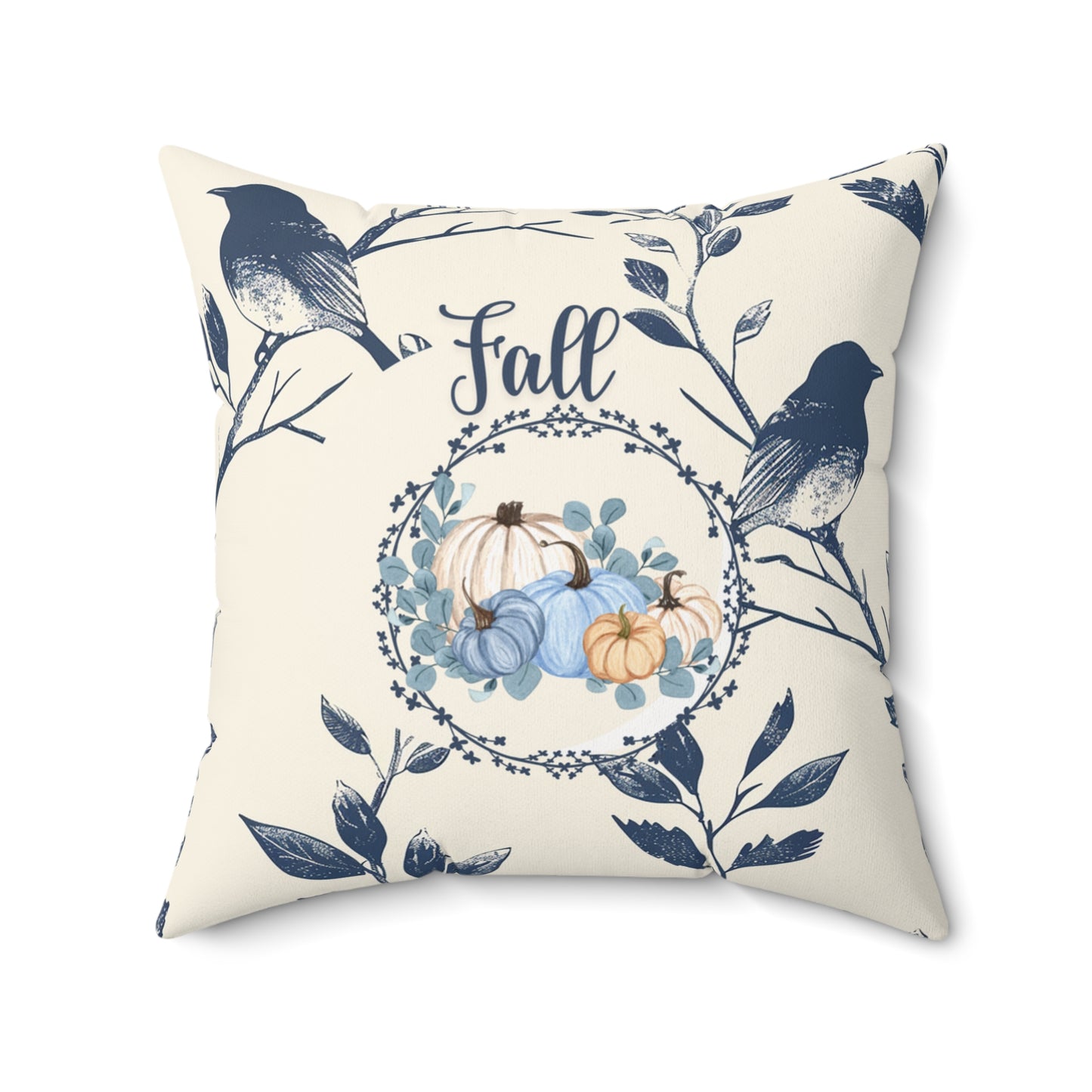 Seasonal Fall Home Decor Pillow Beige and Blue Autumn Floral Accent Pumpkin Themed Double-Sided Throw Cushion Gift For Her