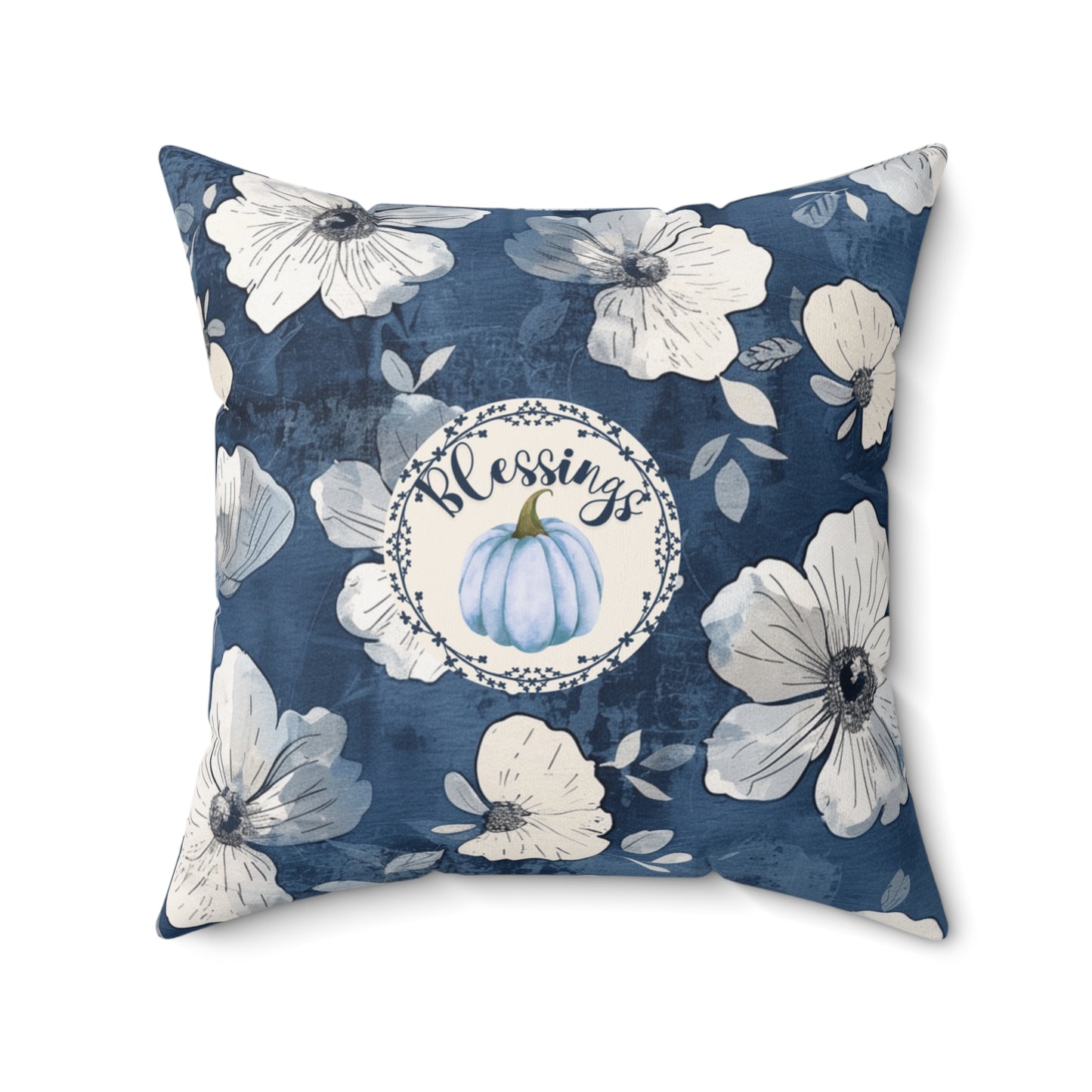 Thanksgiving Home Decor Blue and White Fall Floral Pillow Seasonal Pumpkin Design Autumn Home Accent Gift for Her Throw Cushion