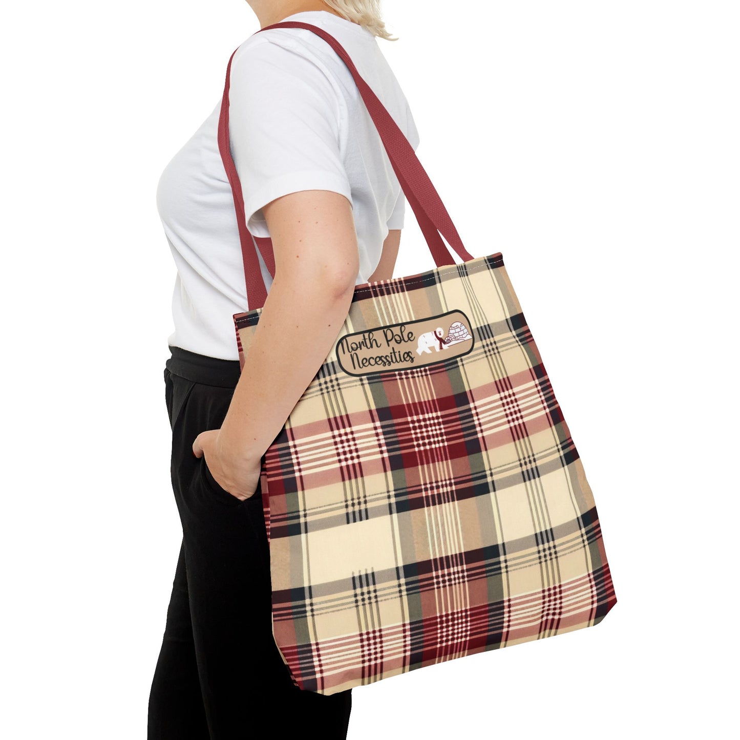 Christmas Fun Polar Bear Tote burgundy Plaid North Pole Necessities Holiday Bag Large Storage Everyday Shopping Tote Seasonal Gift