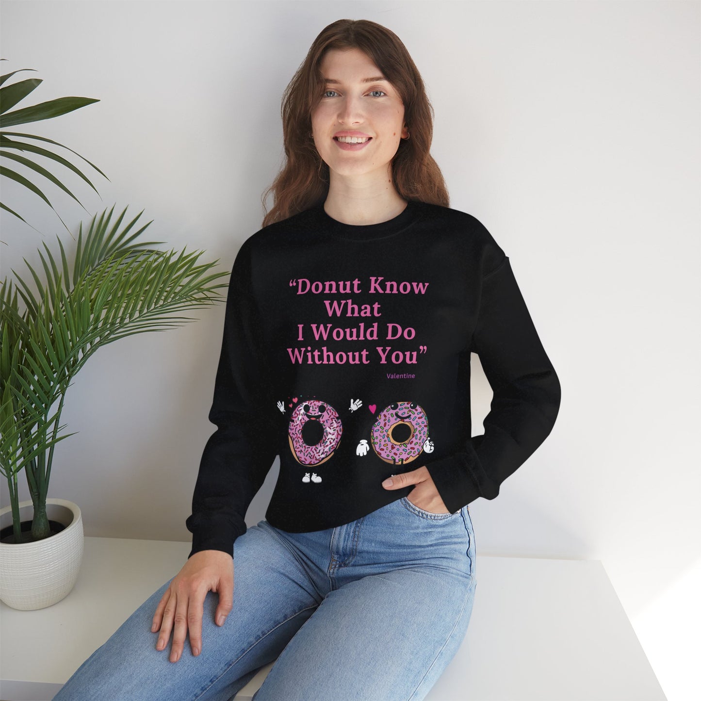 Playful Donut Character Design Valentine Winter Wear Sweatshirt Eco-Friendly V-Day Clothing Funny Couple-Themed Valentine Outfit Sustainable Cotton