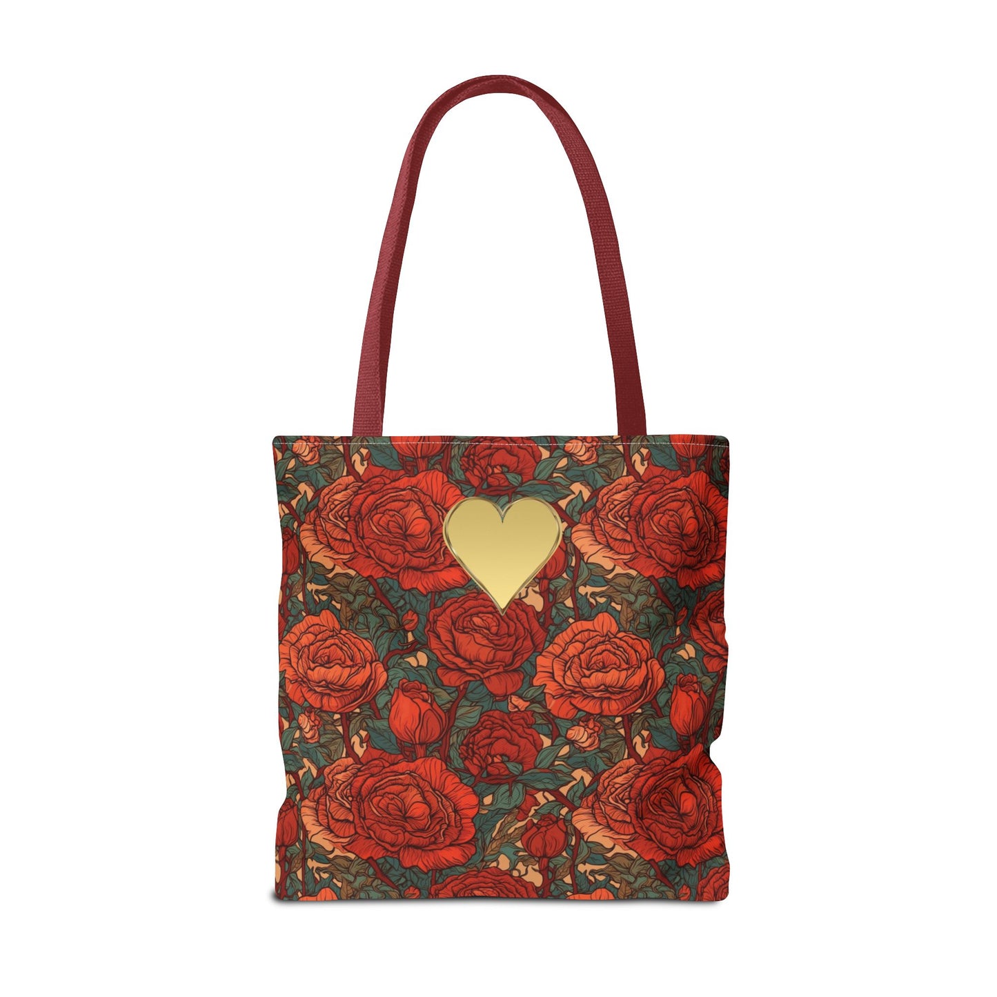 Chic Romantic Tote For Valentine's Day Roses and Hearts Bag Love Themed Gift For Women Gold Heart Embellished Durable Floral Tote Bag