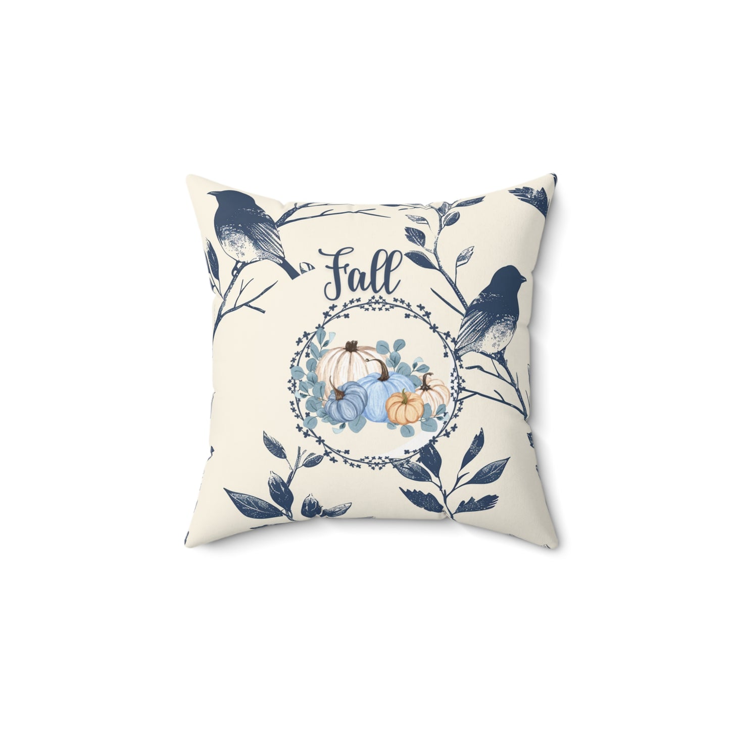 Seasonal Fall Home Decor Pillow Beige and Blue Autumn Floral Accent Pumpkin Themed Double-Sided Throw Cushion Gift For Her
