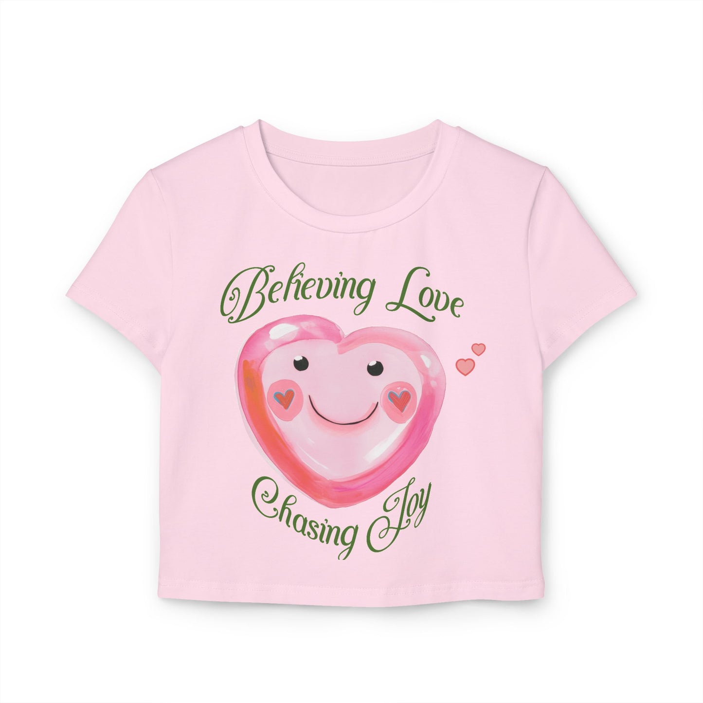 Coquette-Inspired Valentine's Crop Tee Pink and Green Aesthetic Cute Heart-Themed Believing Love Shirt Gift For Her V-Day Fashion