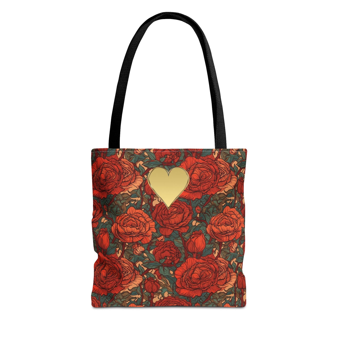 Chic Romantic Tote For Valentine's Day Roses and Hearts Bag Love Themed Gift For Women Gold Heart Embellished Durable Floral Tote Bag