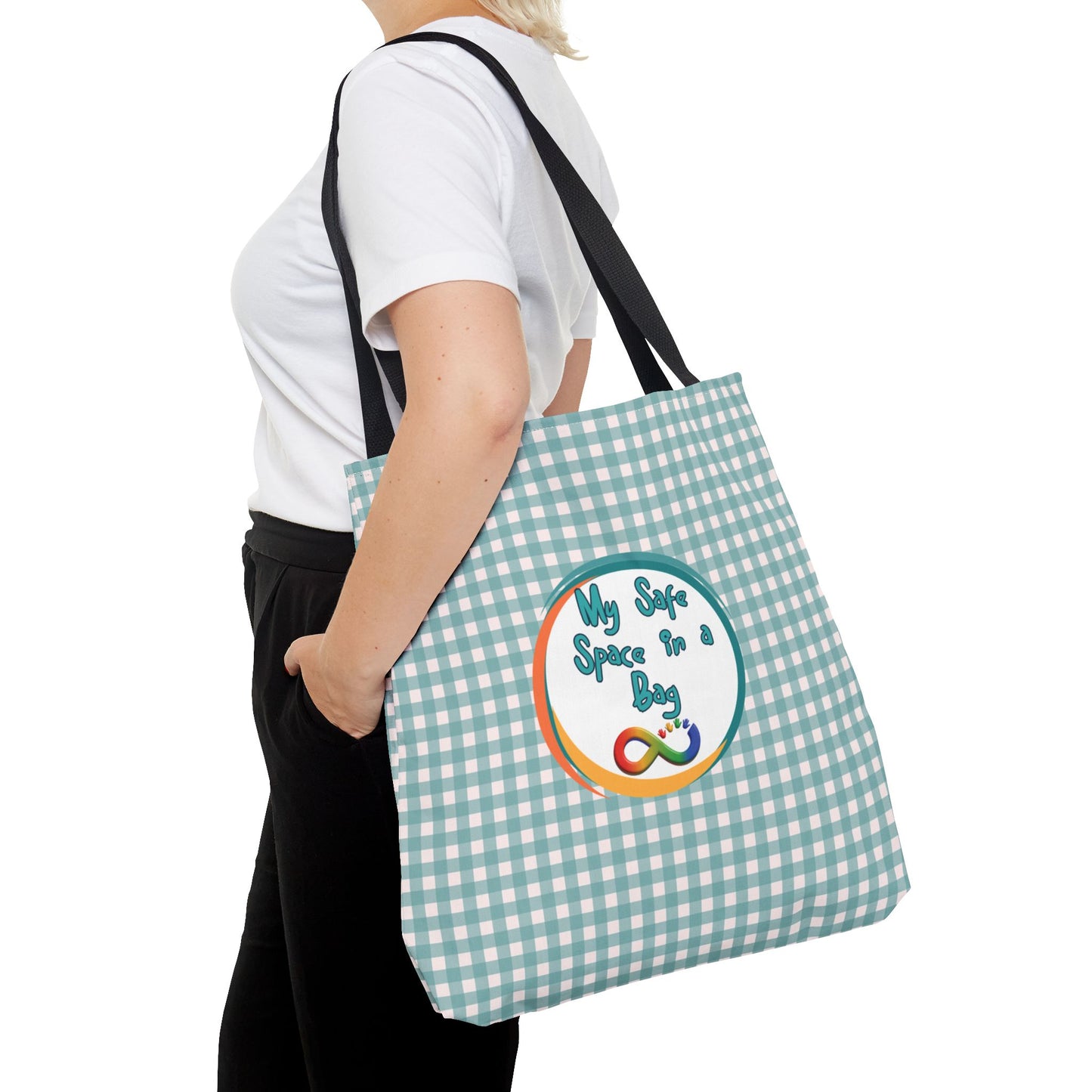 Autism Support Tote For Sensory Items Neurodiverse Friendly Design My Safe Space Infinity Symbol Supportive Parent Mint Green Plaid Gift Bag