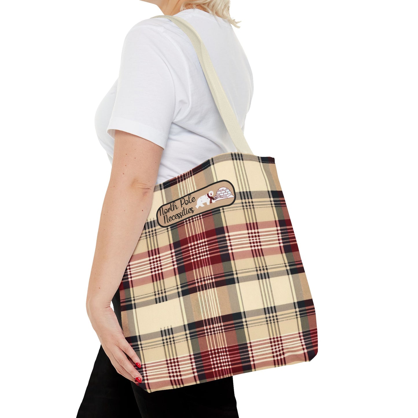 Christmas Fun Polar Bear Tote burgundy Plaid North Pole Necessities Holiday Bag Large Storage Everyday Shopping Tote Seasonal Gift