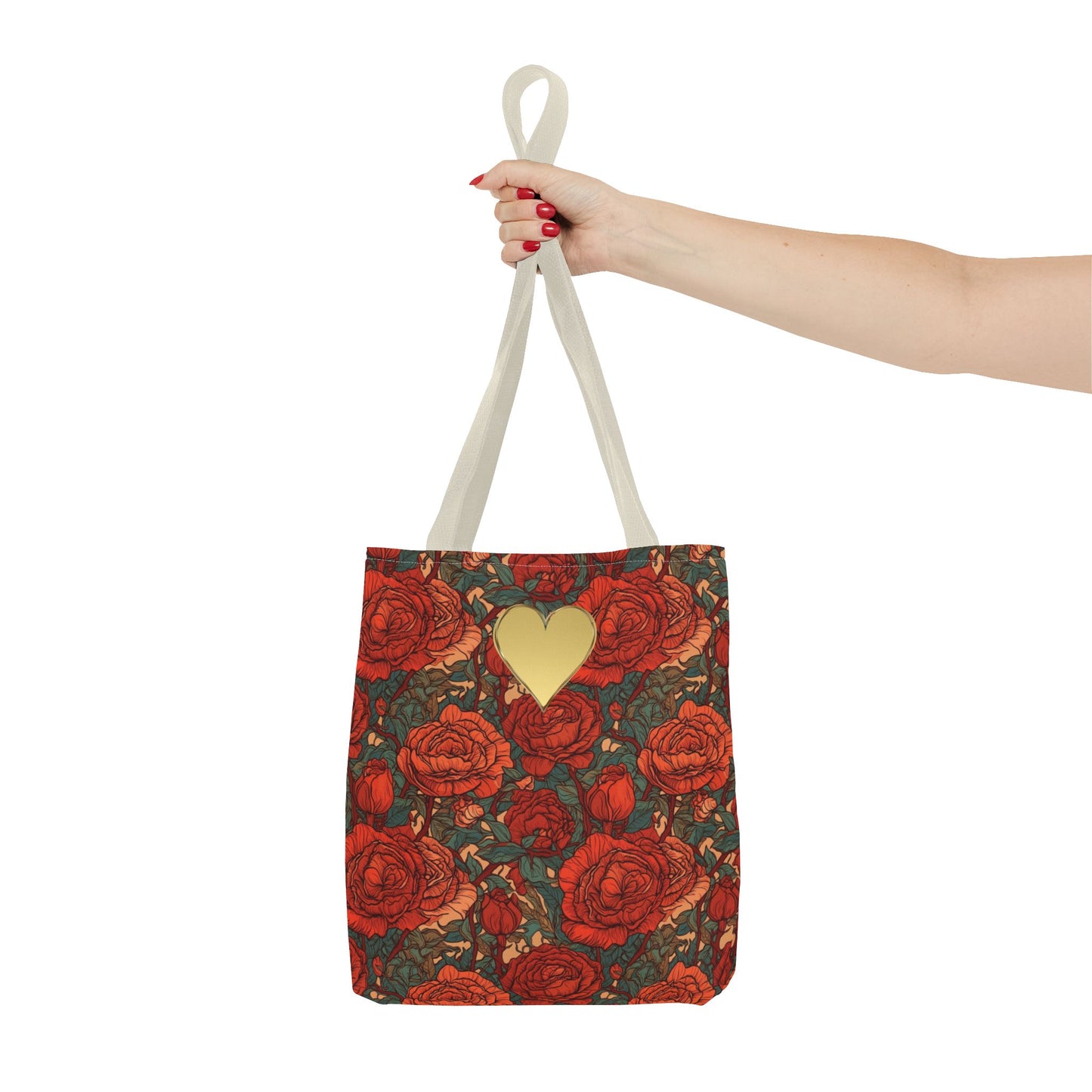 Chic Romantic Tote For Valentine's Day Roses and Hearts Bag Love Themed Gift For Women Gold Heart Embellished Durable Floral Tote Bag