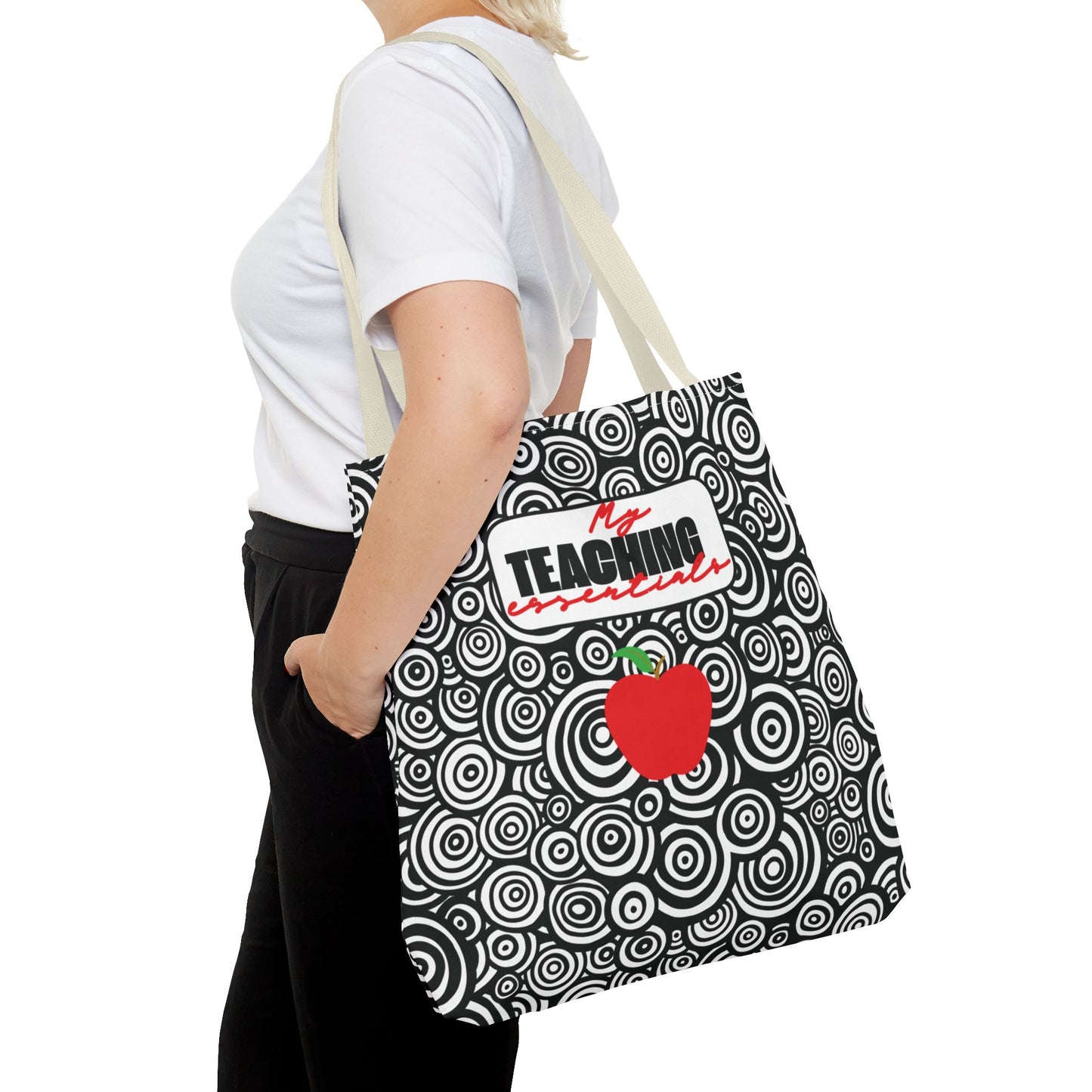 Fashionable Teacher Essentials Tote Black and White Geometric Circles Multipurpose Gift For Teachers Red Apple Accessory Book Bag