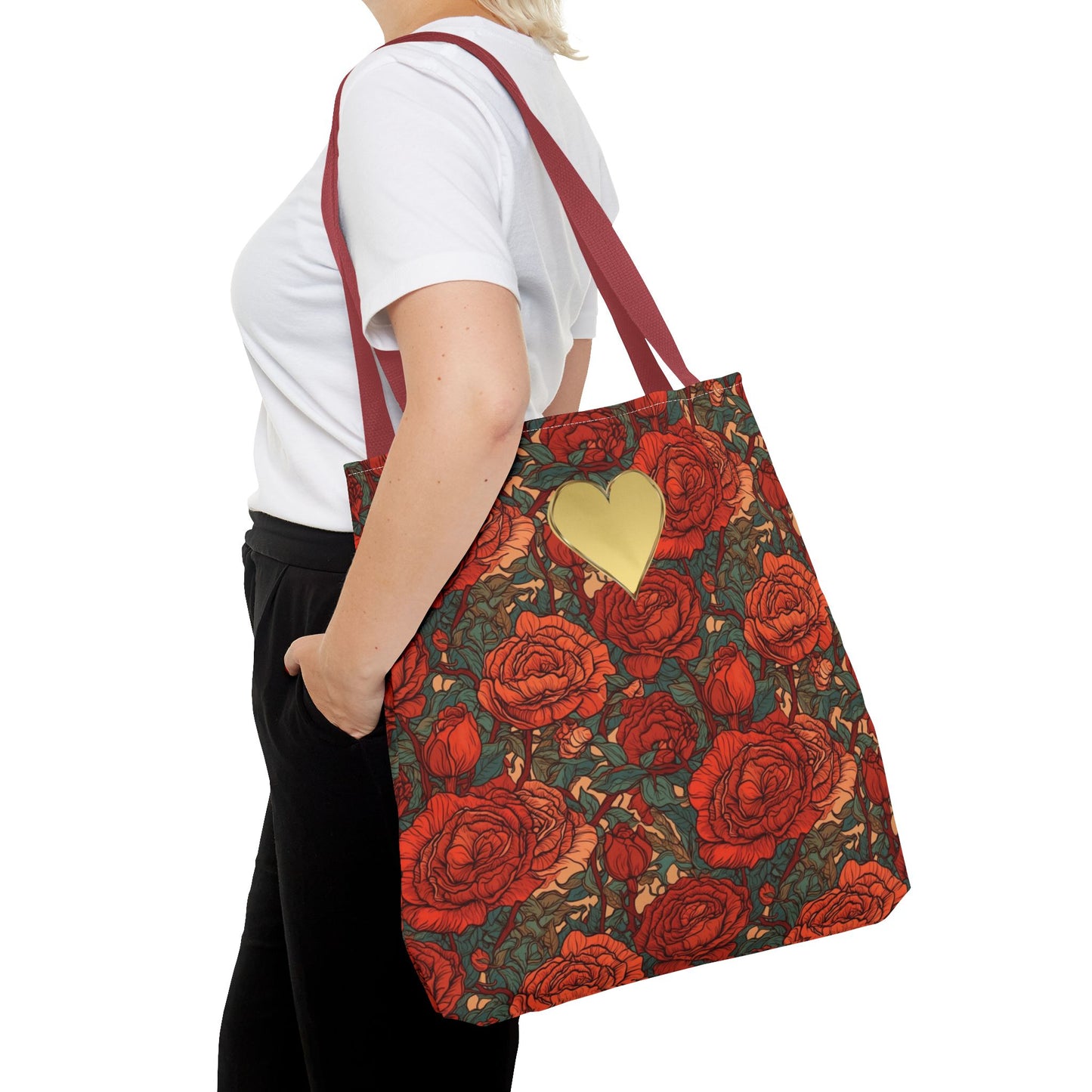 Chic Romantic Tote For Valentine's Day Roses and Hearts Bag Love Themed Gift For Women Gold Heart Embellished Durable Floral Tote Bag