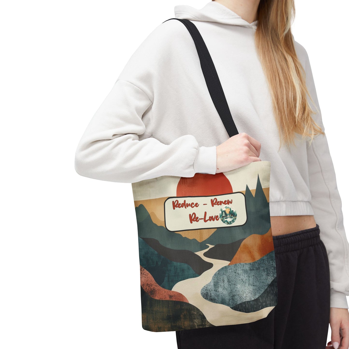 Earth Day Retro Landscape Design Peaceful Reduce Renew Re-love Nature-Inspired Tote Sustainable Lifestyle Planet Positive Gift For Her