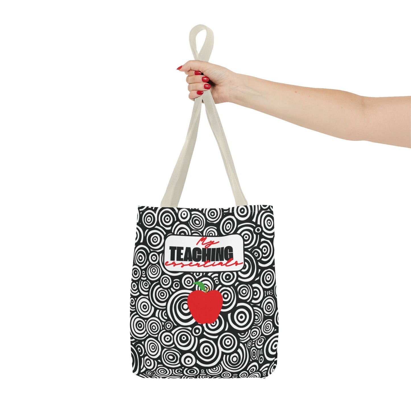 Fashionable Teacher Essentials Tote Black and White Geometric Circles Multipurpose Gift For Teachers Red Apple Accessory Book Bag