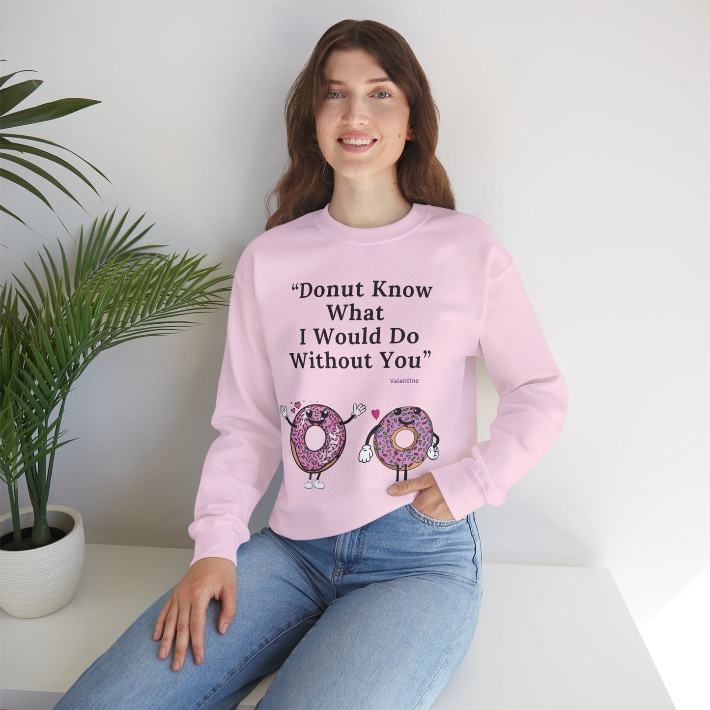 Playful Donut Character Design Valentine Winter Wear Sweatshirt Eco-Friendly V-Day Clothing Funny Couple-Themed Valentine Outfit Sustainable Cotton