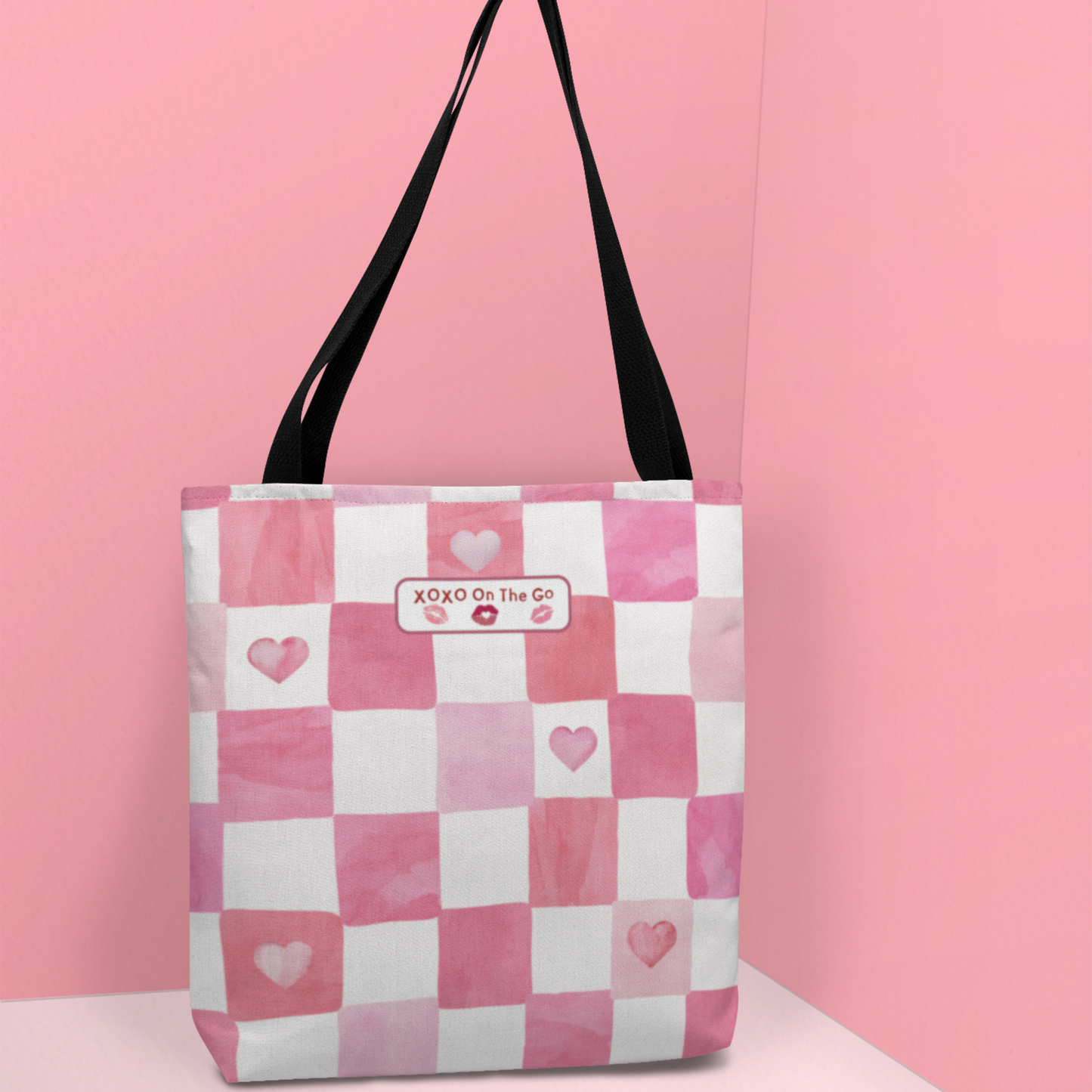 Gen Z Pink and White Checkerboard Bag Love Themed Aesthetic Valentine's Gift Tote For Young Women For Romantic Occasions Trendy Pink Tote