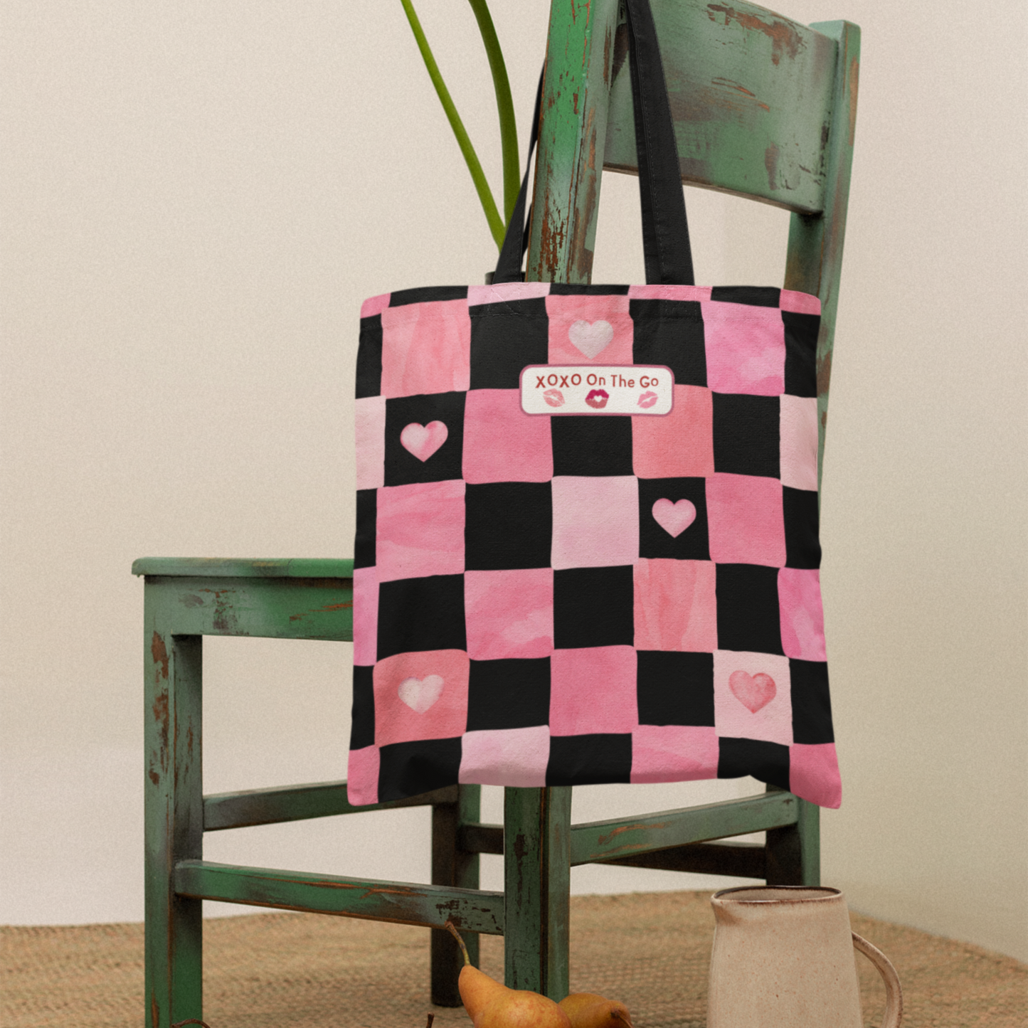 Gen Z Pink and Black Checkerboard Bag For Romantic Occasions Trendy Pink Love Themed Tote Aesthetic Valentine's Gift Bag For Young Women